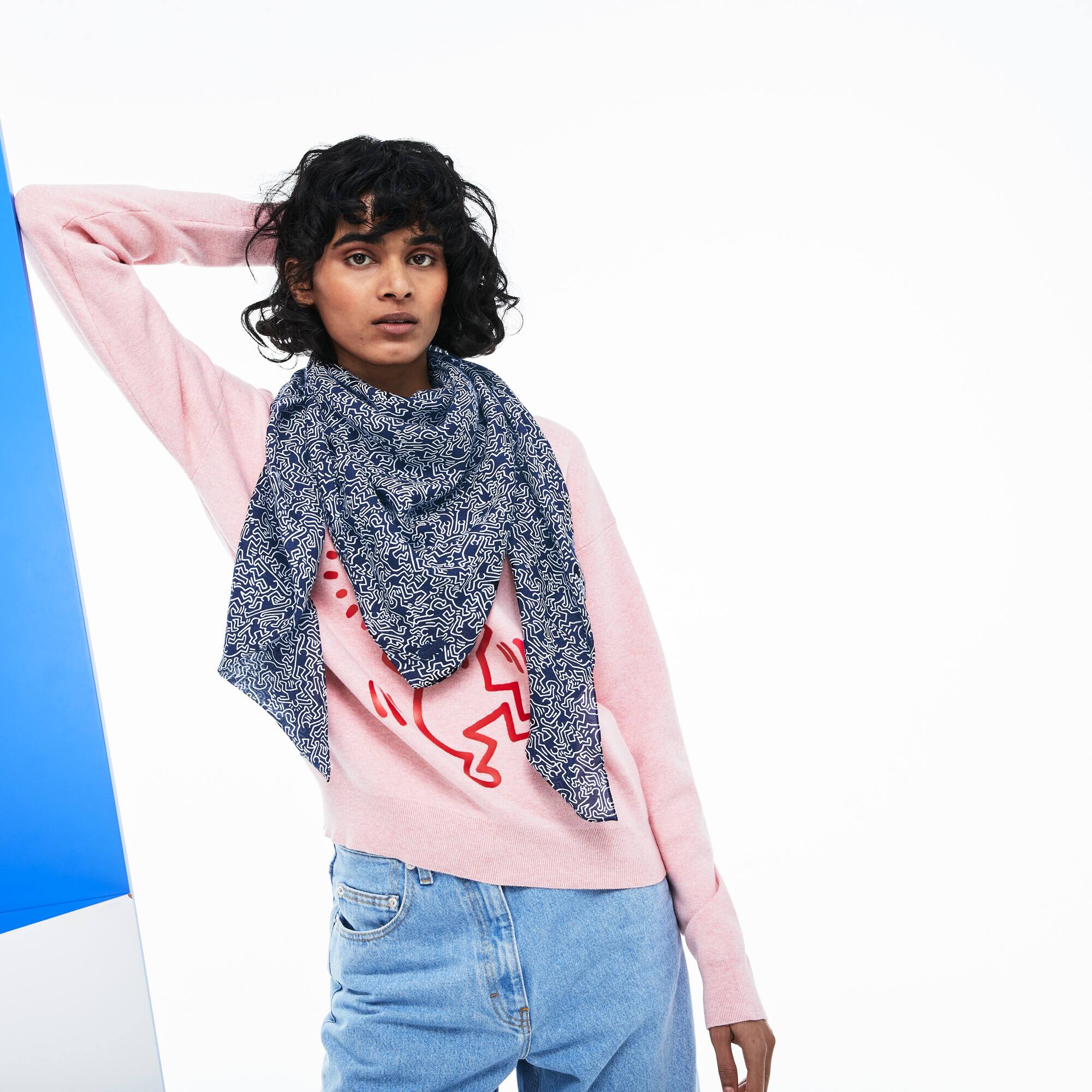 Click to view more detailed imagery on our partner's website Lacoste Women's Keith Haring Print Voile Scarf In Navy Blue,white
