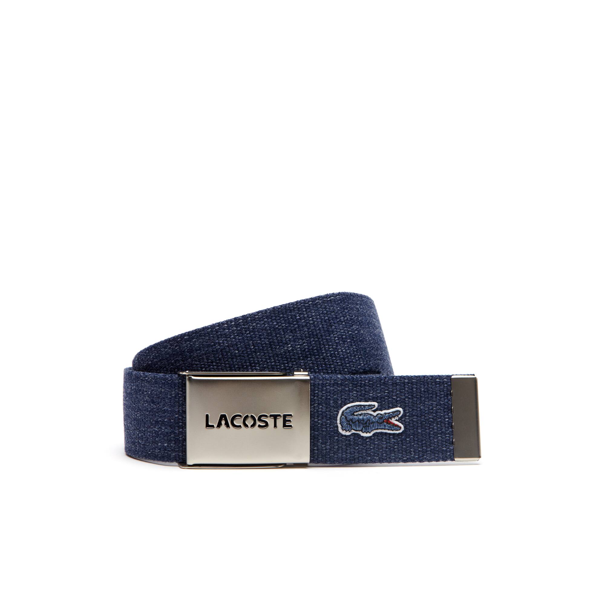 Gift box belt in flecked canvas with perforated Lacoste plate Gift box belt in flecked canvas with perforated Lacoste plate