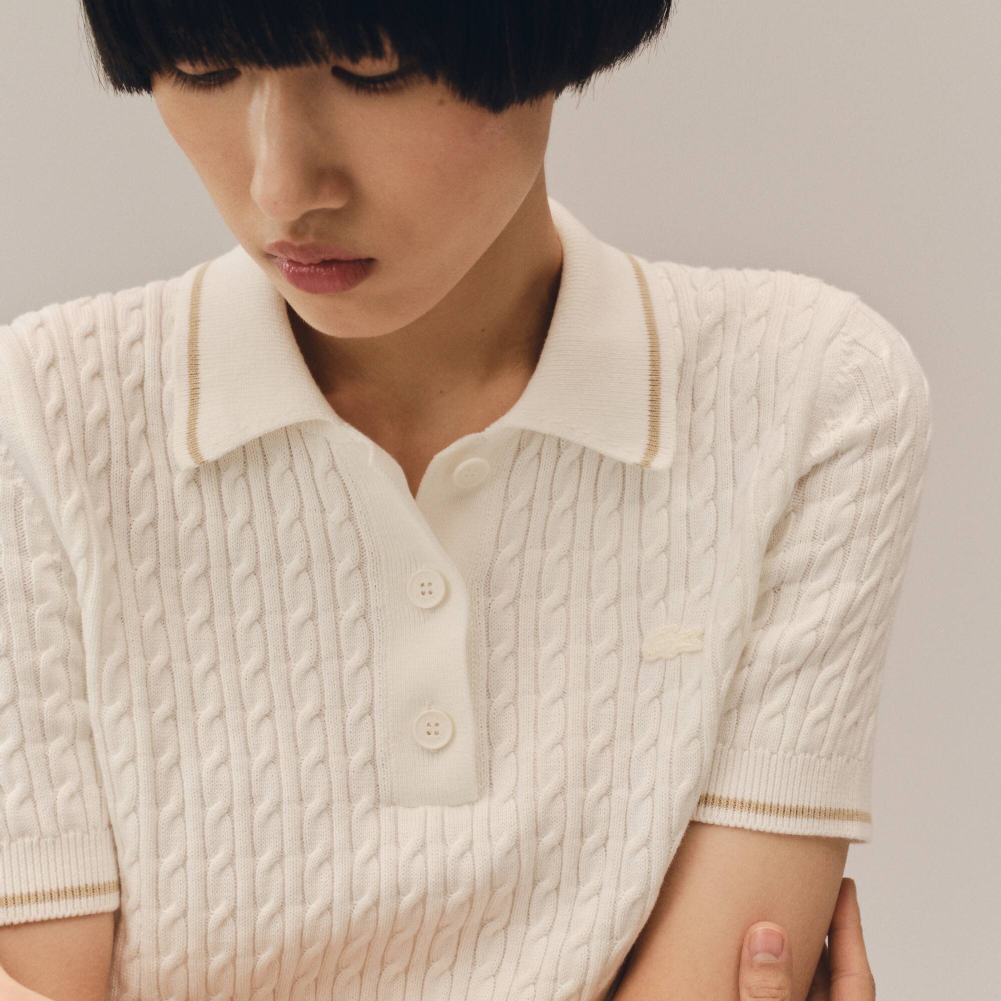 Striped Cable Knit Polo Collar Sweater - Sweaters & Sweatshirts