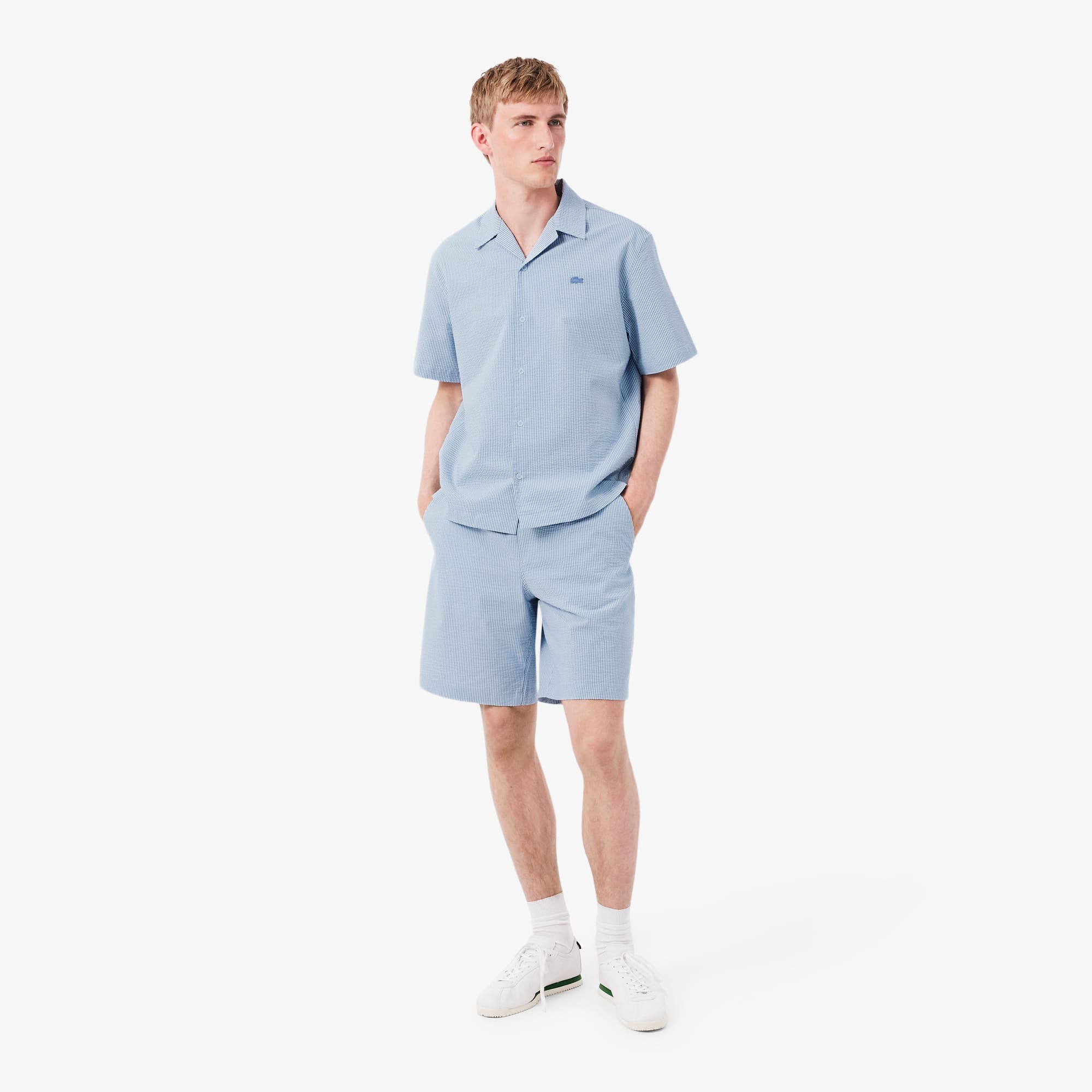 Lacoste Shorts de Algodón Tipo Seersucker Azul