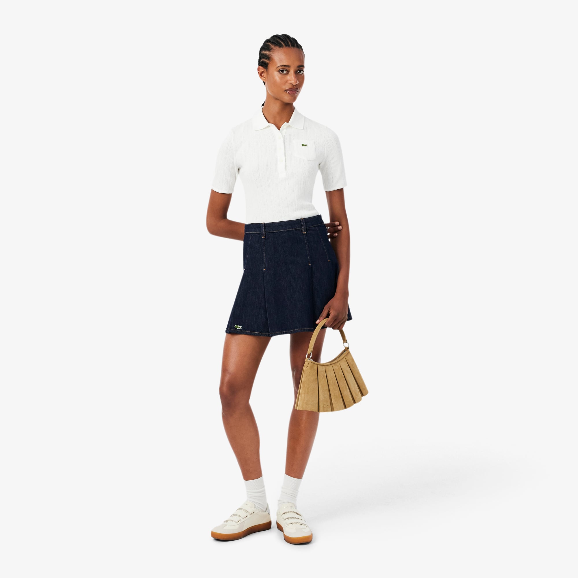 Lacoste Short Pleated Denim Skirt - Xxs (32) In Blue