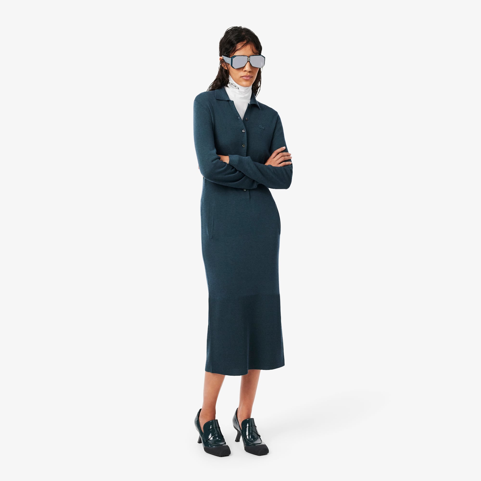 Lacoste Runway Polo Collar Merino Wool Blend Maxi Dress In Blue