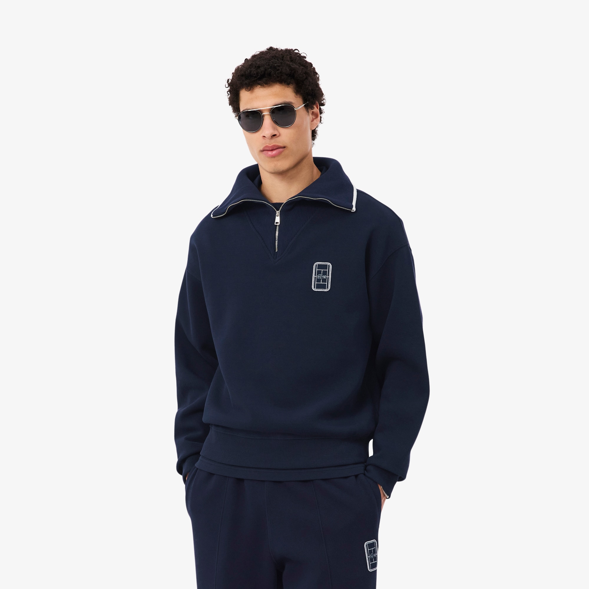 Loose Fit High Zipped Neck Badge Accent Sweatshirt - Sweaters