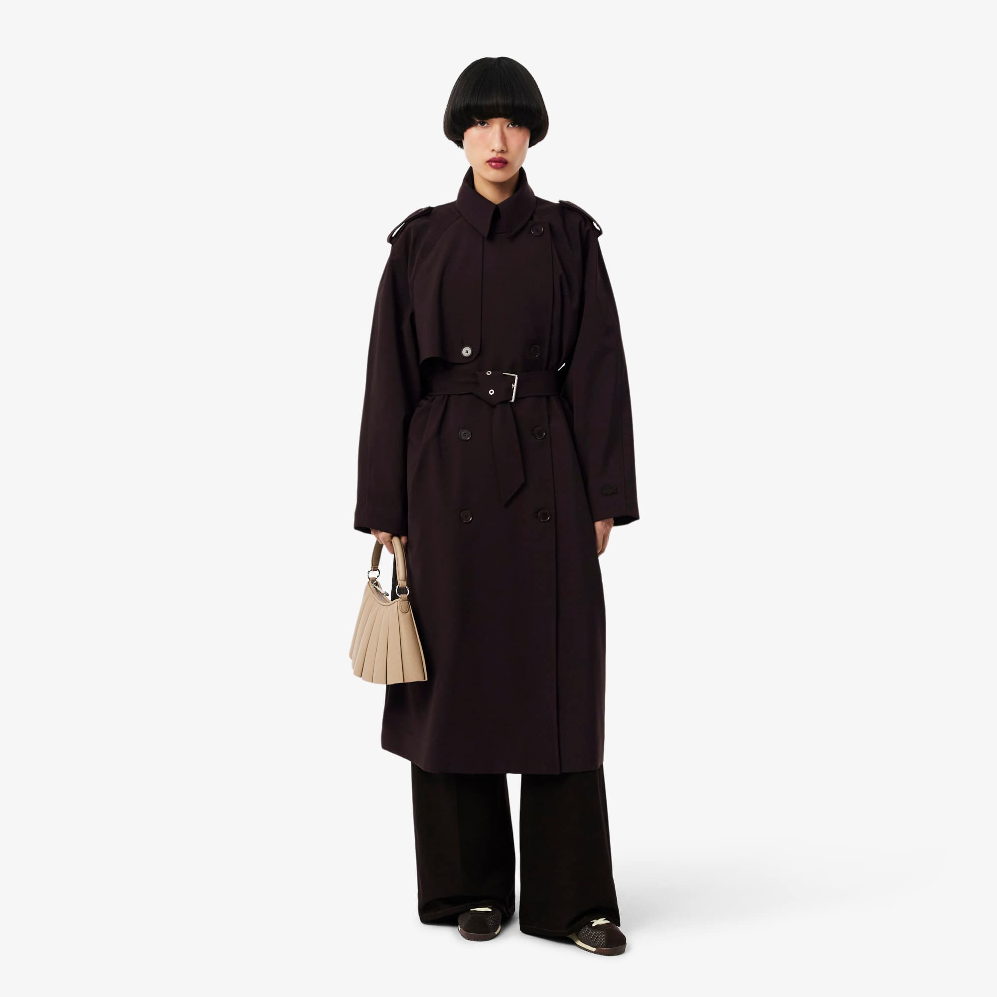 Lacoste Oversized Wool Blend Trench Coat - 38 In Brown