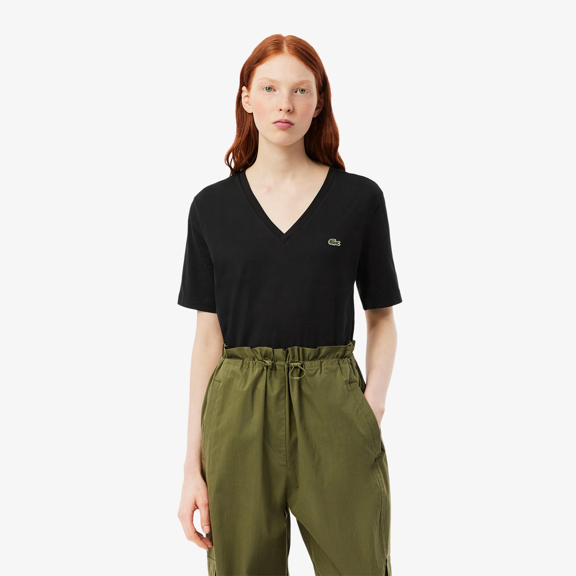 Lacoste Women's Relaxed Fit Soft Cotton V-neck T-shirt - 32 In Black