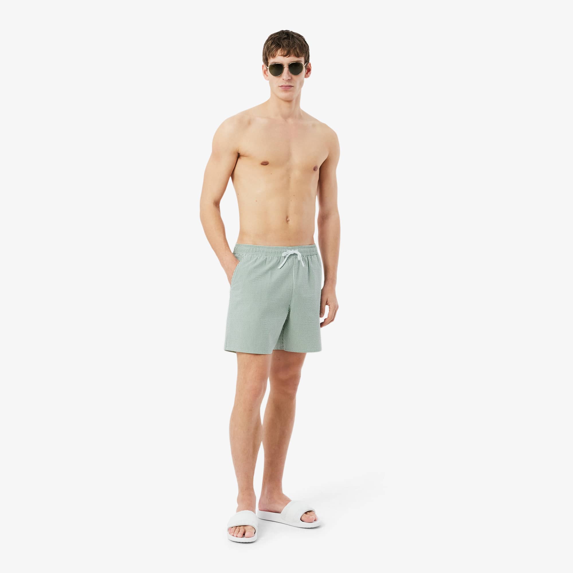 Men's Mid Length Striped Textured Swim Trunks - Shorts & Swim