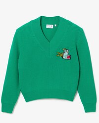 Women's Comic Badge V-Neck Wool Sweater