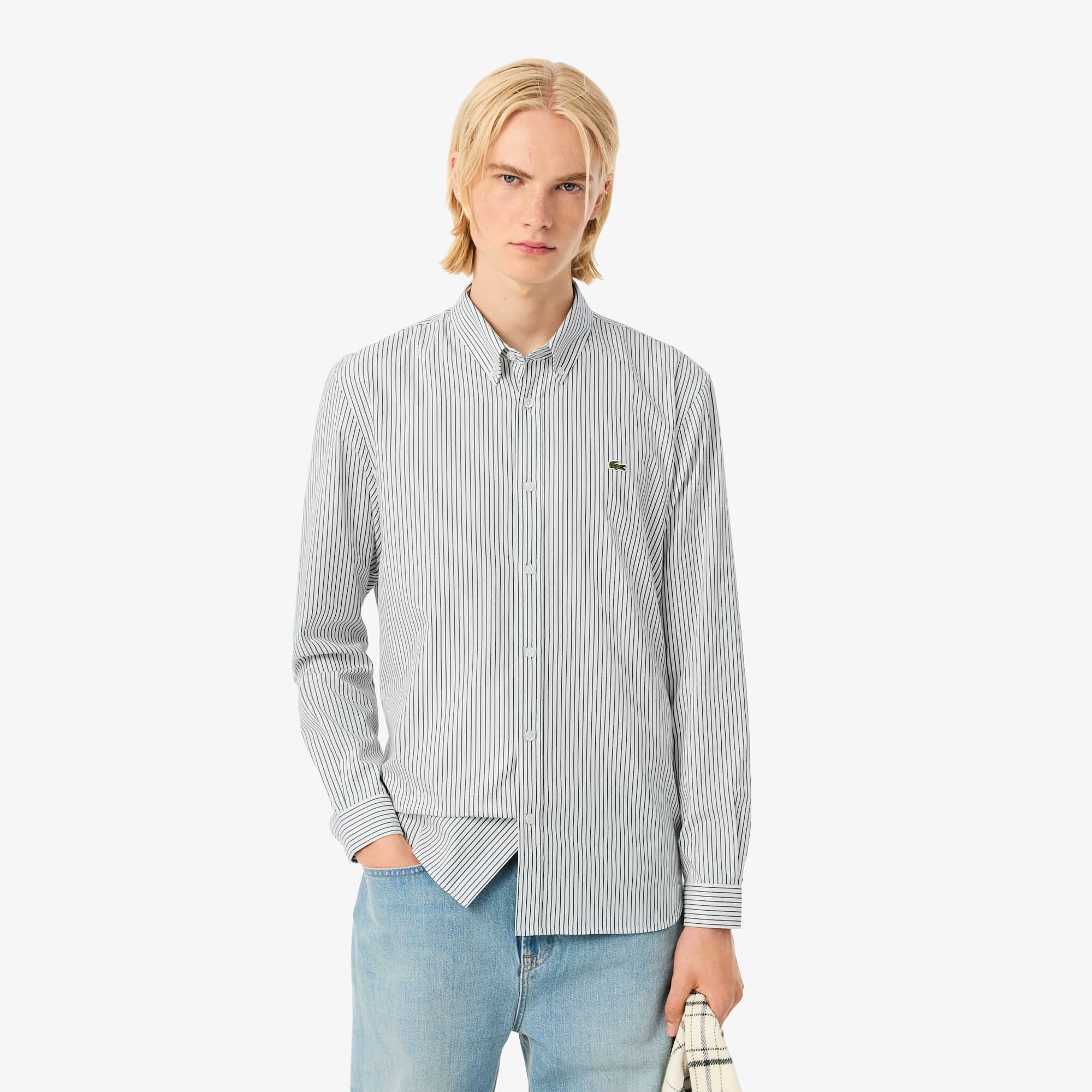 Lacoste Men's Regular Fit Striped Pinpoint Shirt - 16 - 41 In Gray