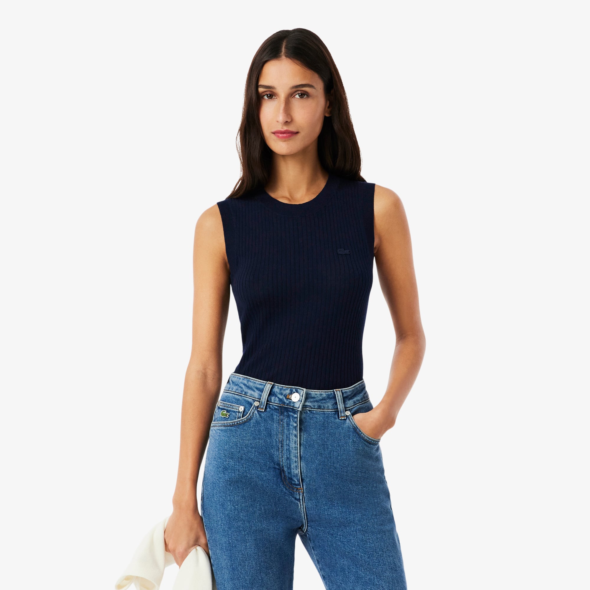 Lacoste Merino Wool 3d Knit Sleeveless Sweater - 40 In Blue