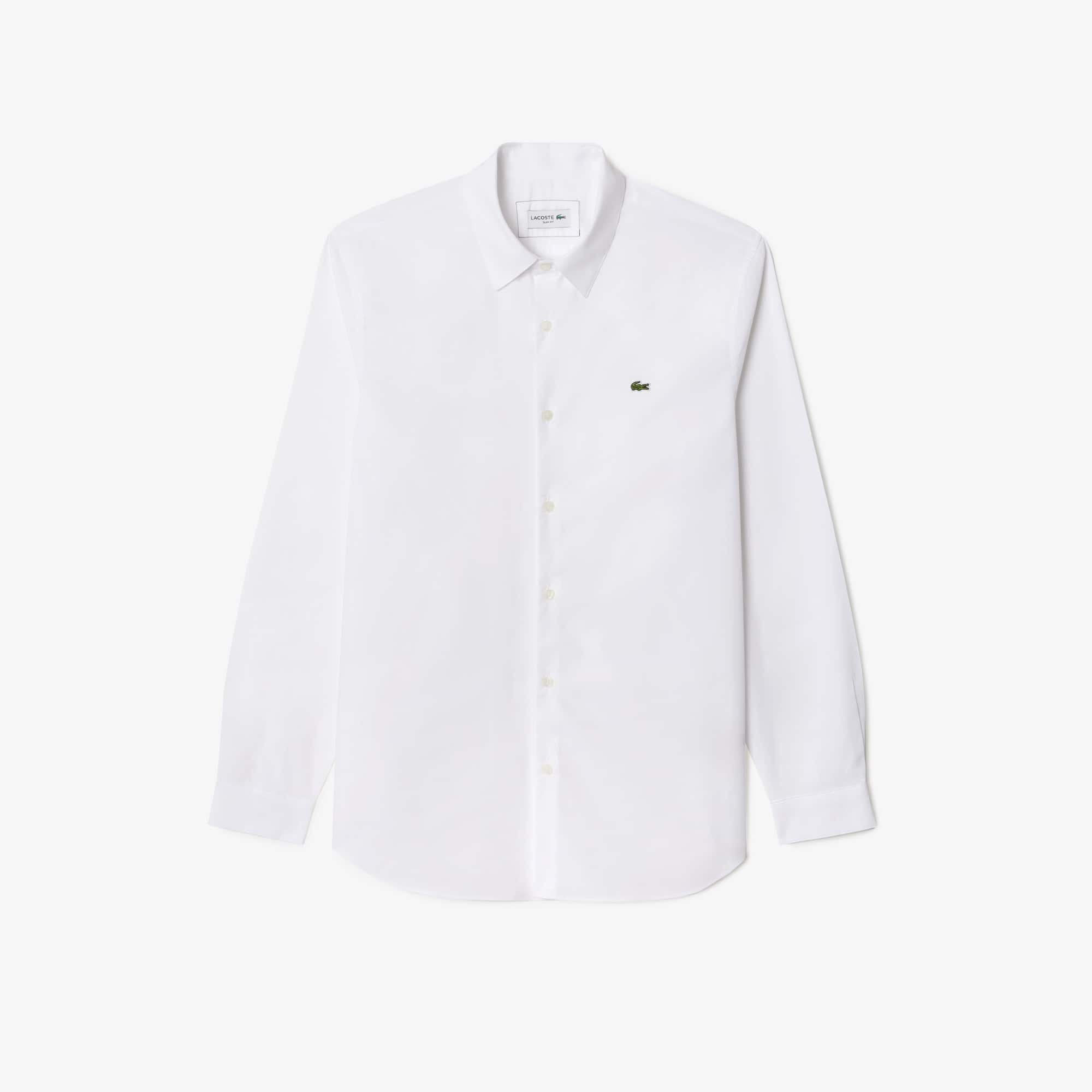 Shop Lacoste Men's Slim Fit Stretch Cotton Poplin Shirt - 18 - 46 In White