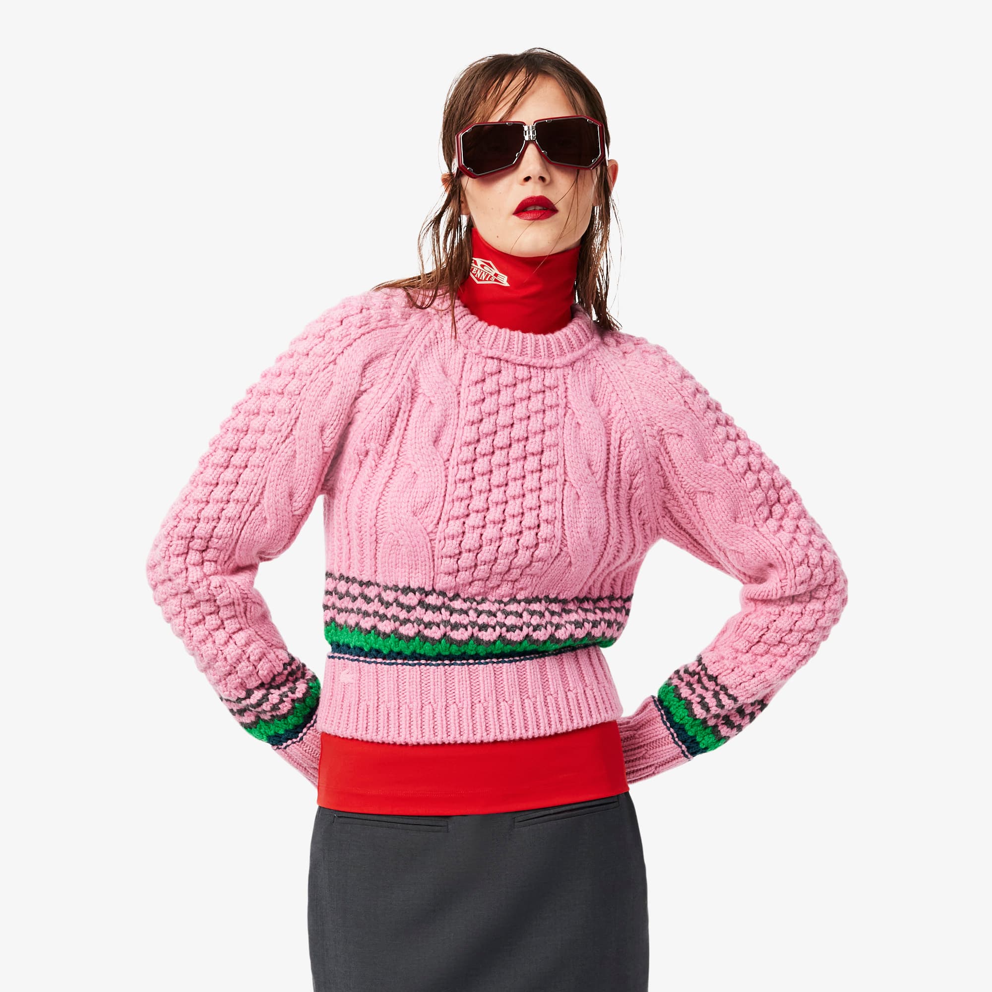 Lacoste Runway Striped Textured Wool Sweater In Pink