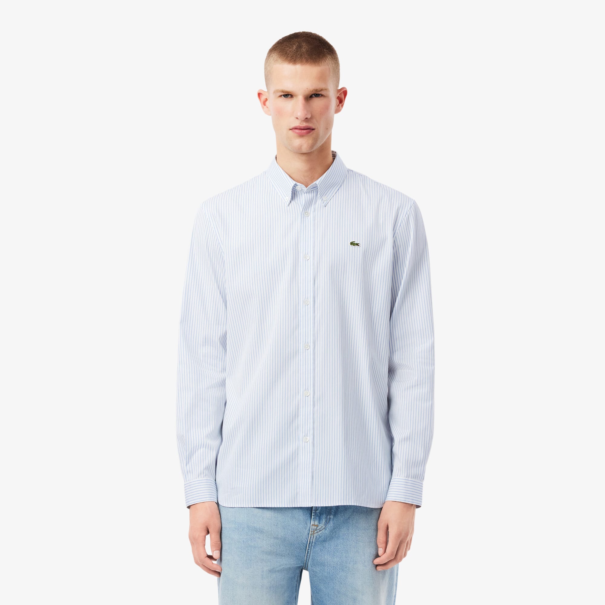Lacoste Men's Regular Fit Striped Pinpoint Shirt - 15 - 38 In Blue