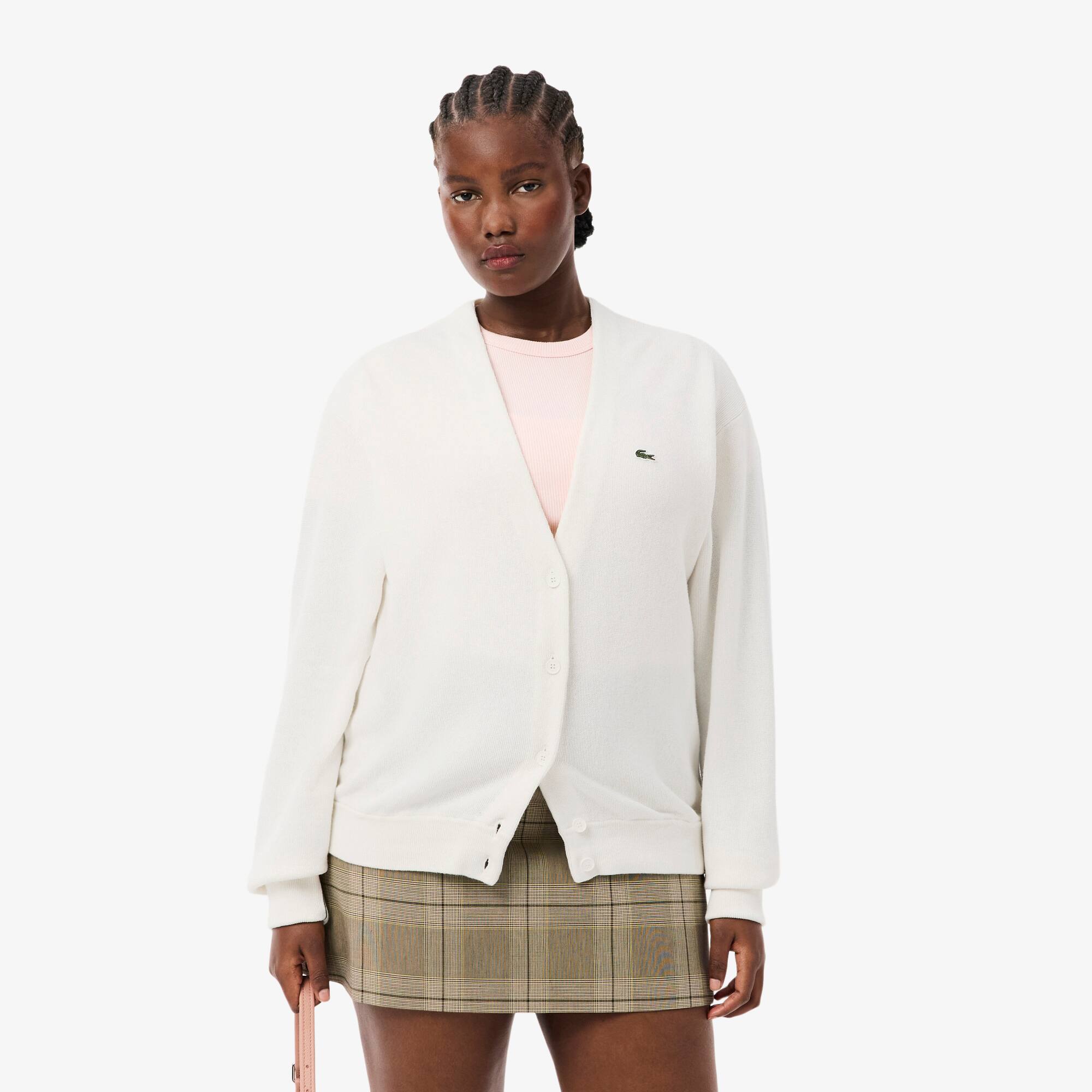 Women's V-Neck Moss Stitch Cotton Cardigan - Sweaters