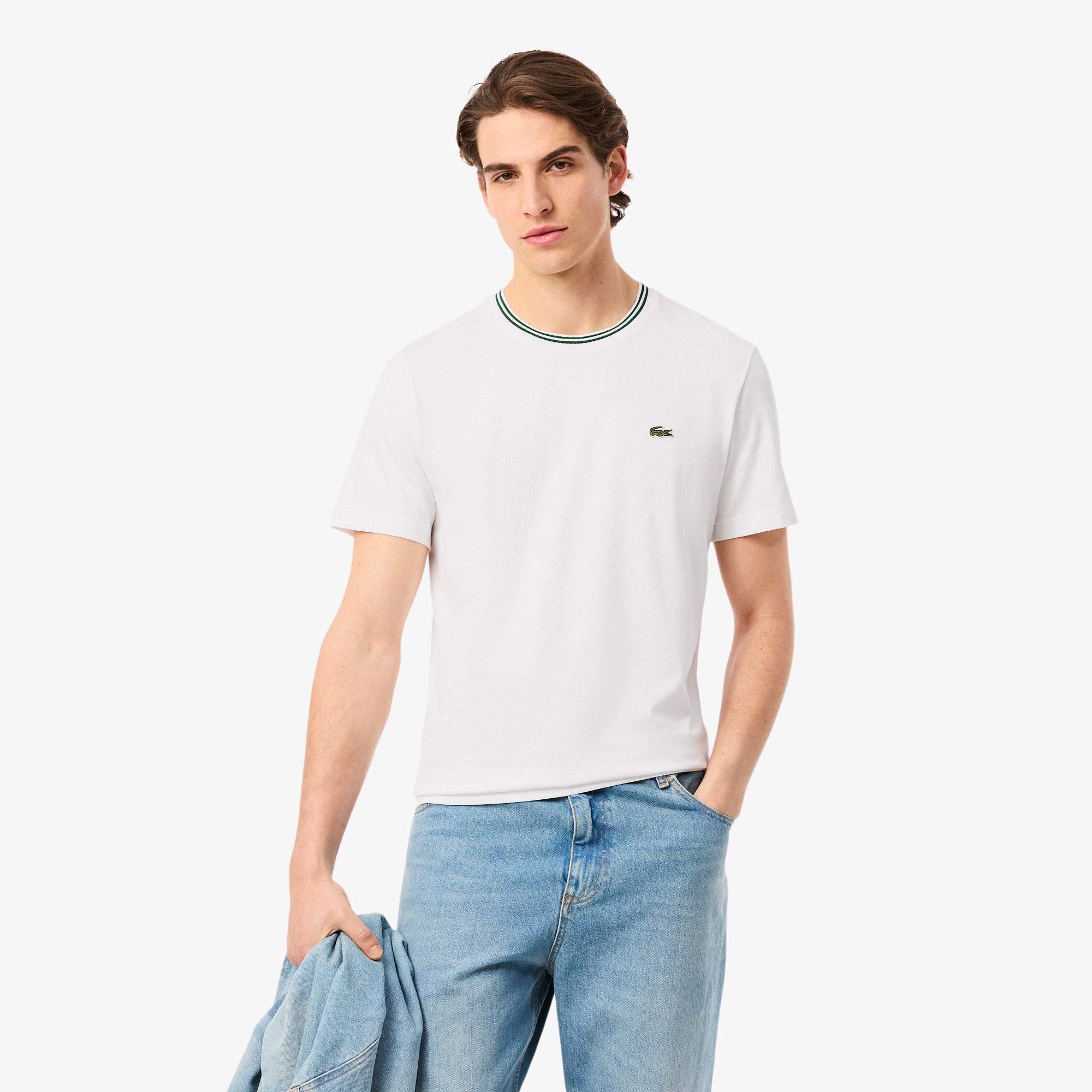 Lacoste Playera Para Hombre De Corte Regular En Algodón Con Cuello De Canalé Blanco