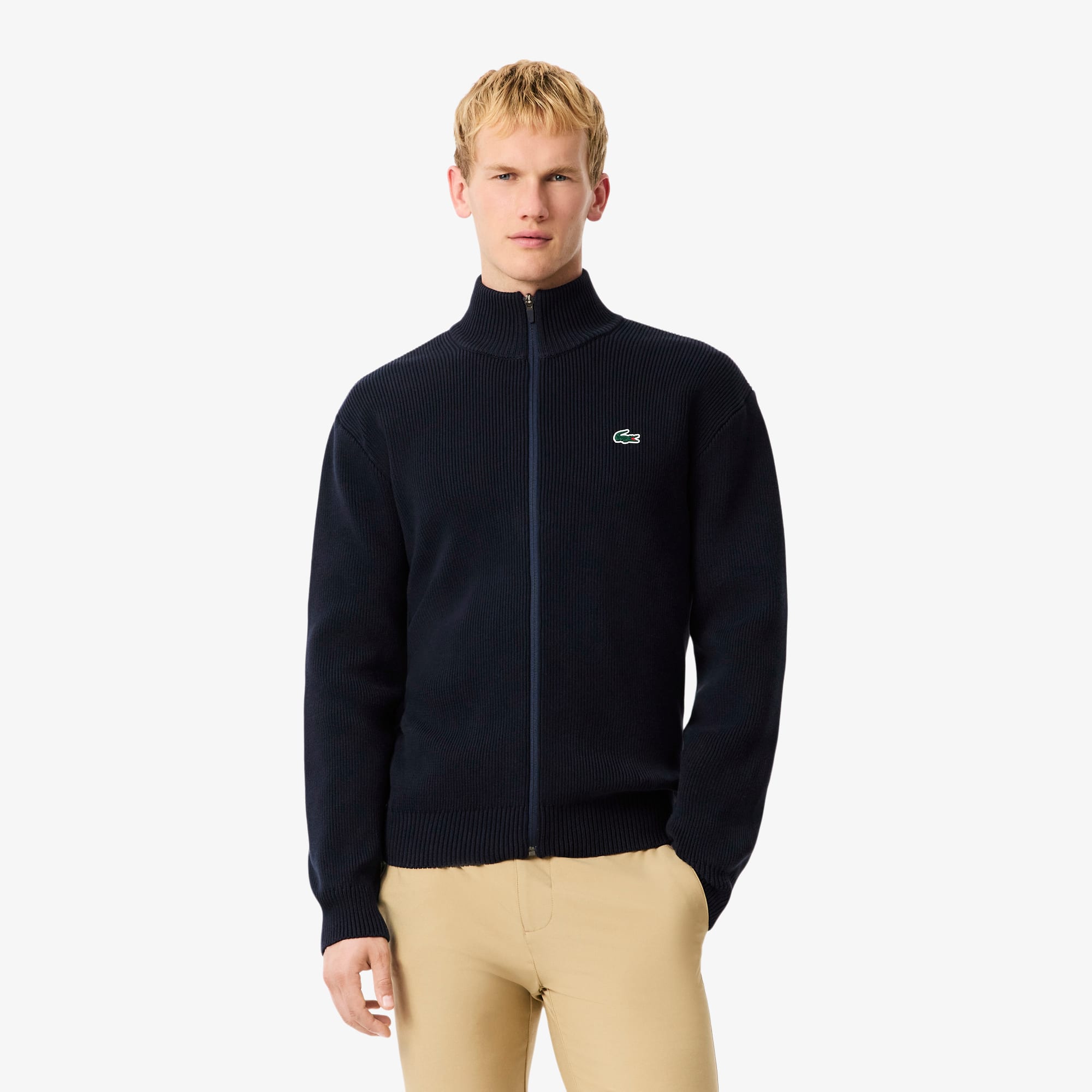 Lacoste Men's Ribbed Knit Zip-Up Golf Sweater