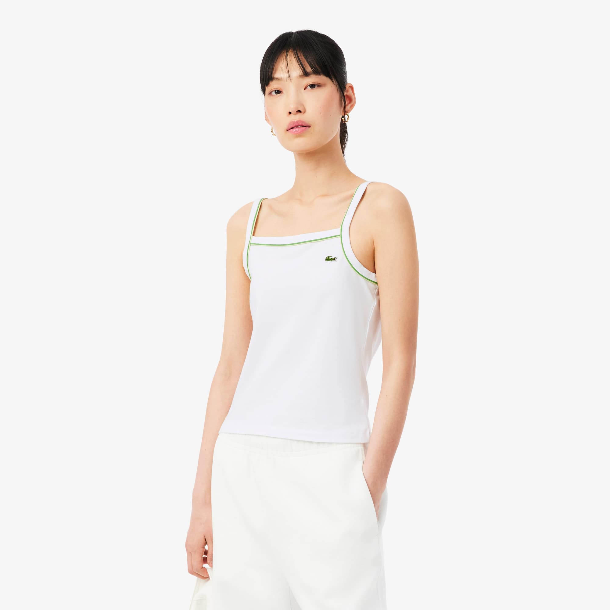 Lacoste Contrast Accent Cotton Tank Top - L (40) In White