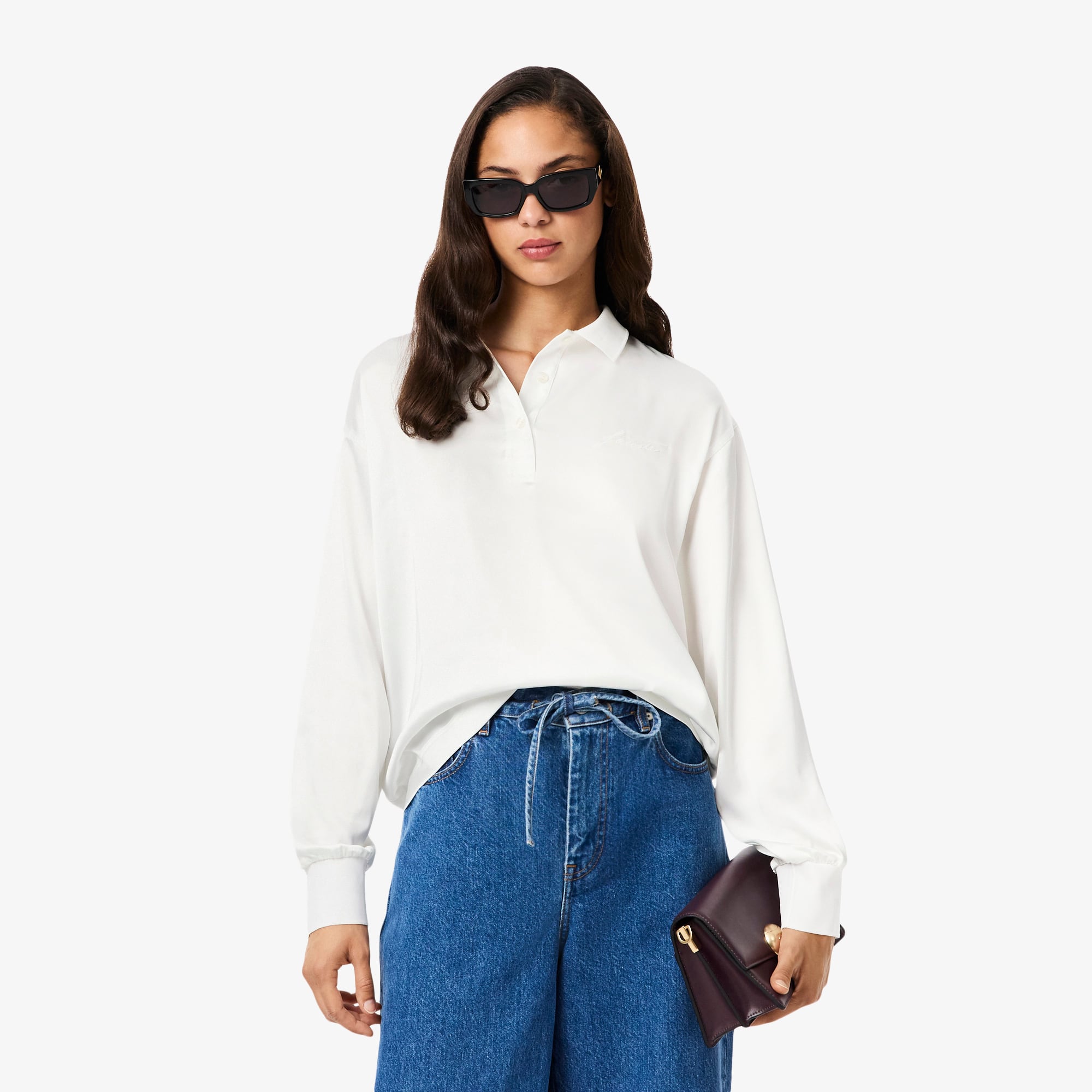 Lacoste Women's Long Sleeve Oversized Satin Polo - 38 In White