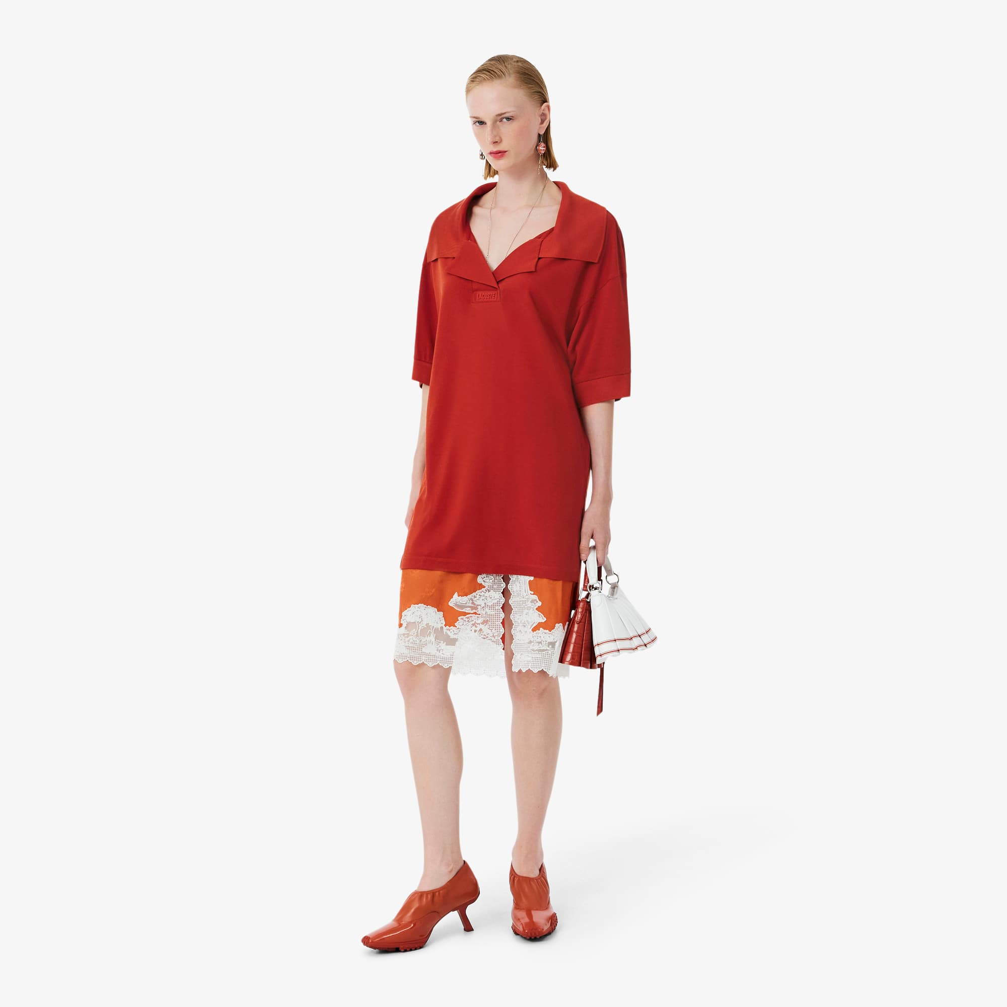 Lacoste Runway Silk Piqué Polo Collar Dress In Red