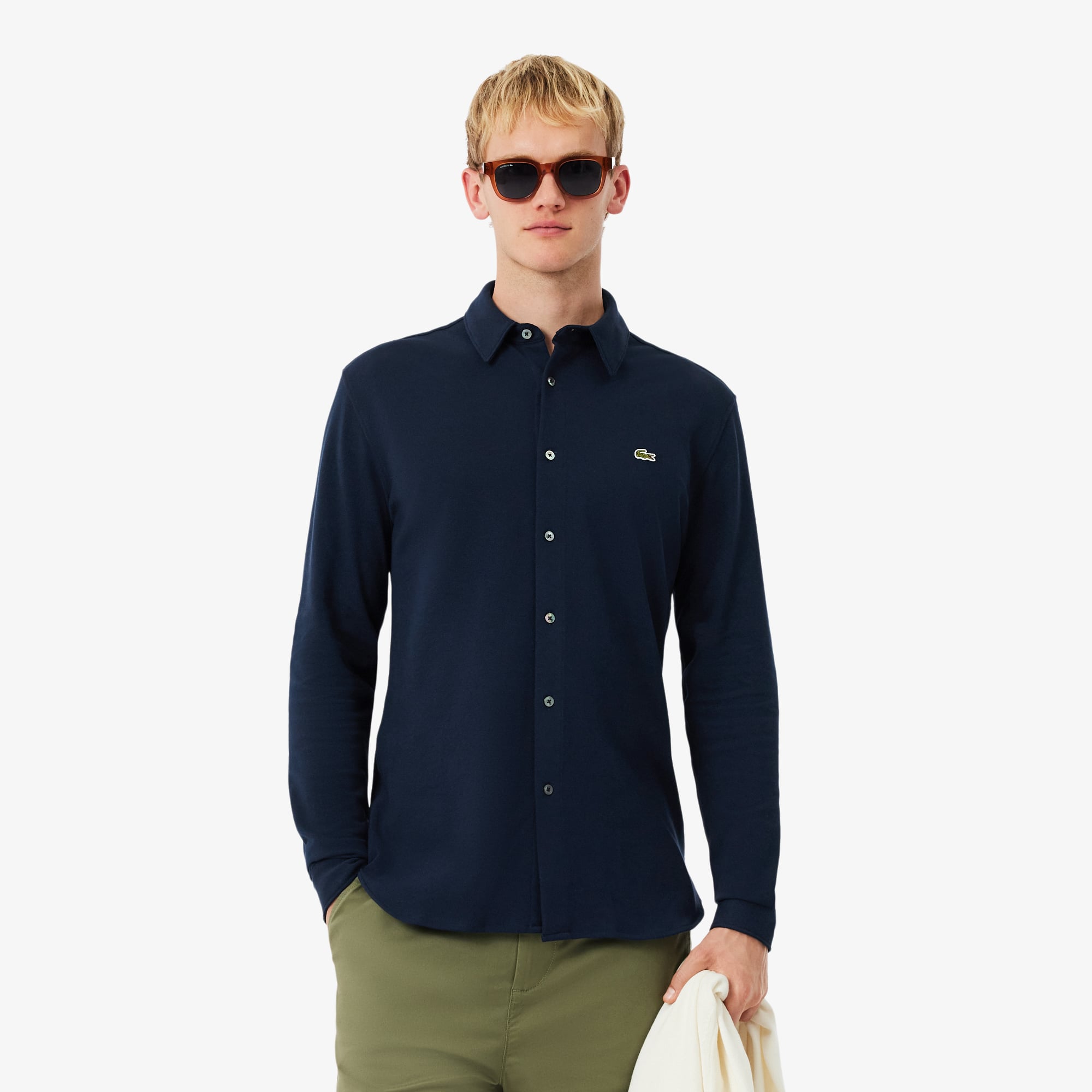 Lacoste Embroidered Crocodile Detail Blue Lino Shirt In Black