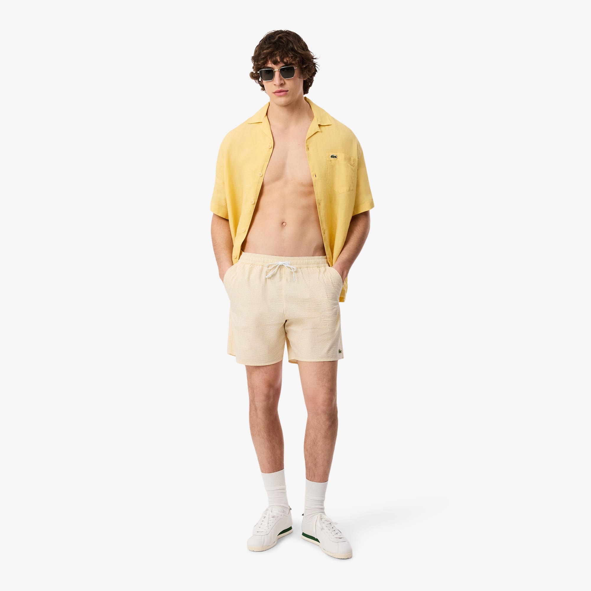 Men's Mid Length Striped Textured Swim Trunks - Shorts & Swim