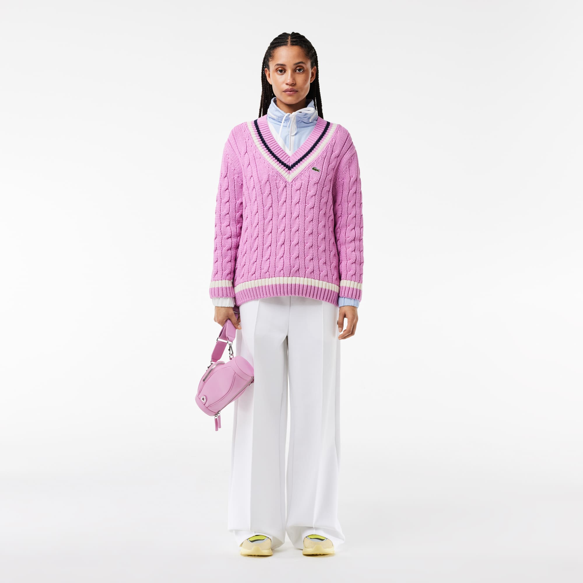 Lacoste ピンク Vネック ニットセーター Women's V-Neck Cable Knit Cotton Tennis Sweater - Sweaters