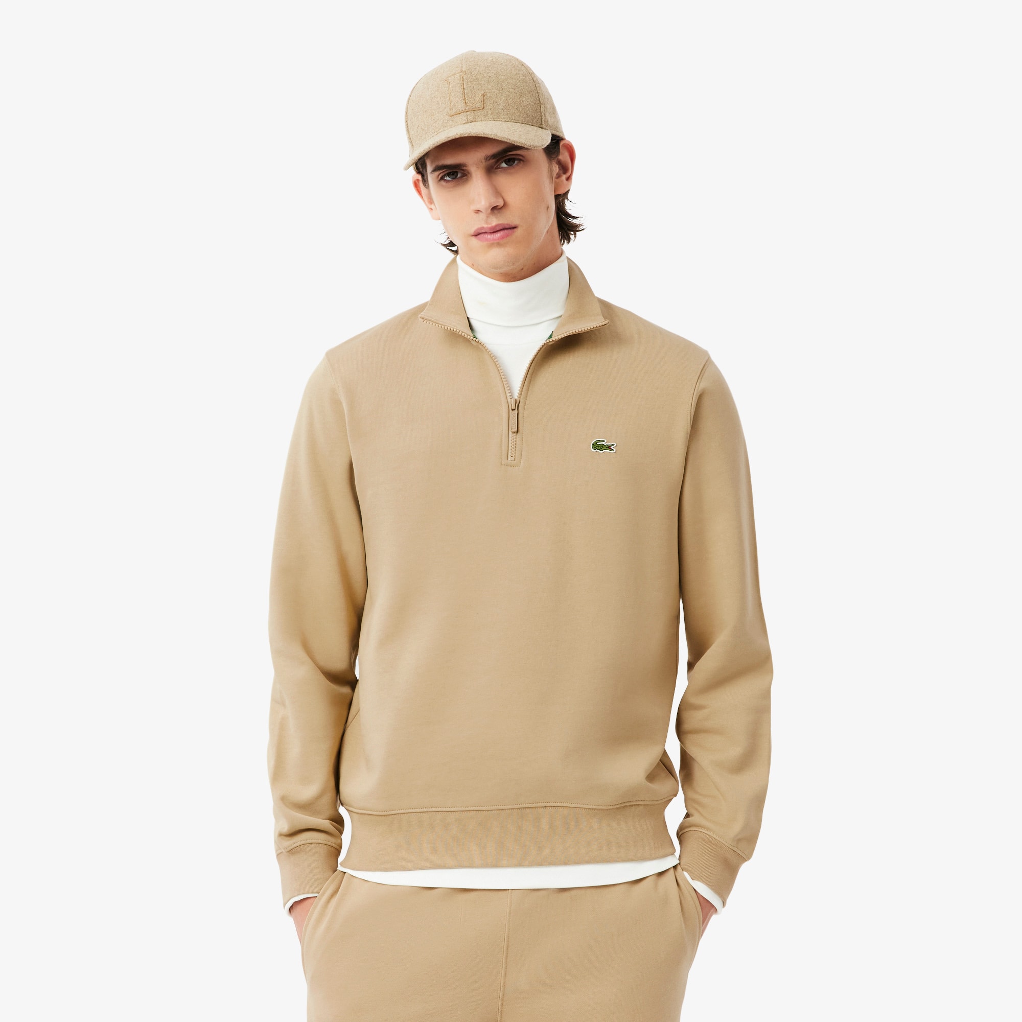 Lacoste Zip-up High Neck Interlock Sweatshirt In Brown