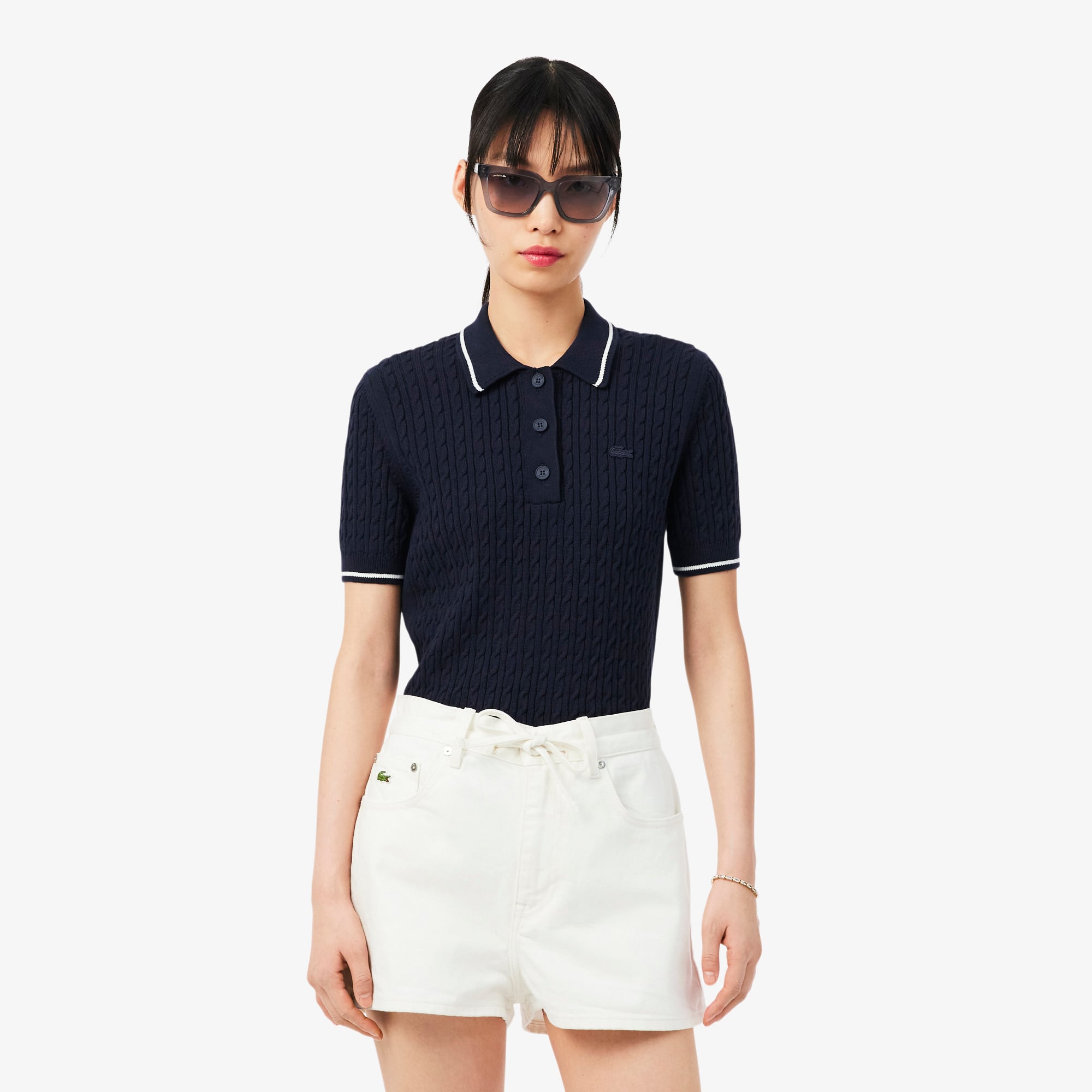 Striped Cable Knit Polo Collar Sweater - Sweaters & Sweatshirts