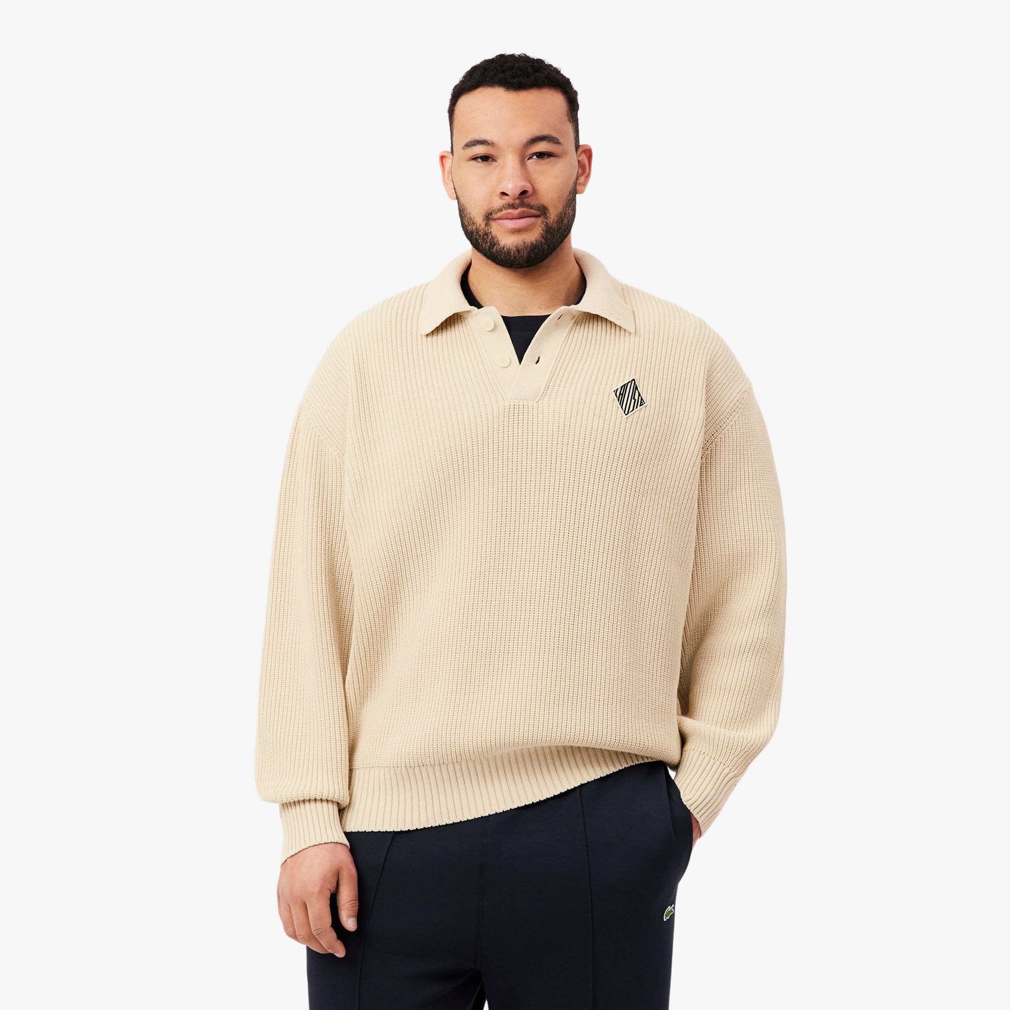 Badge Accent Pearl Rib Polo Collar Sweater - Sweaters