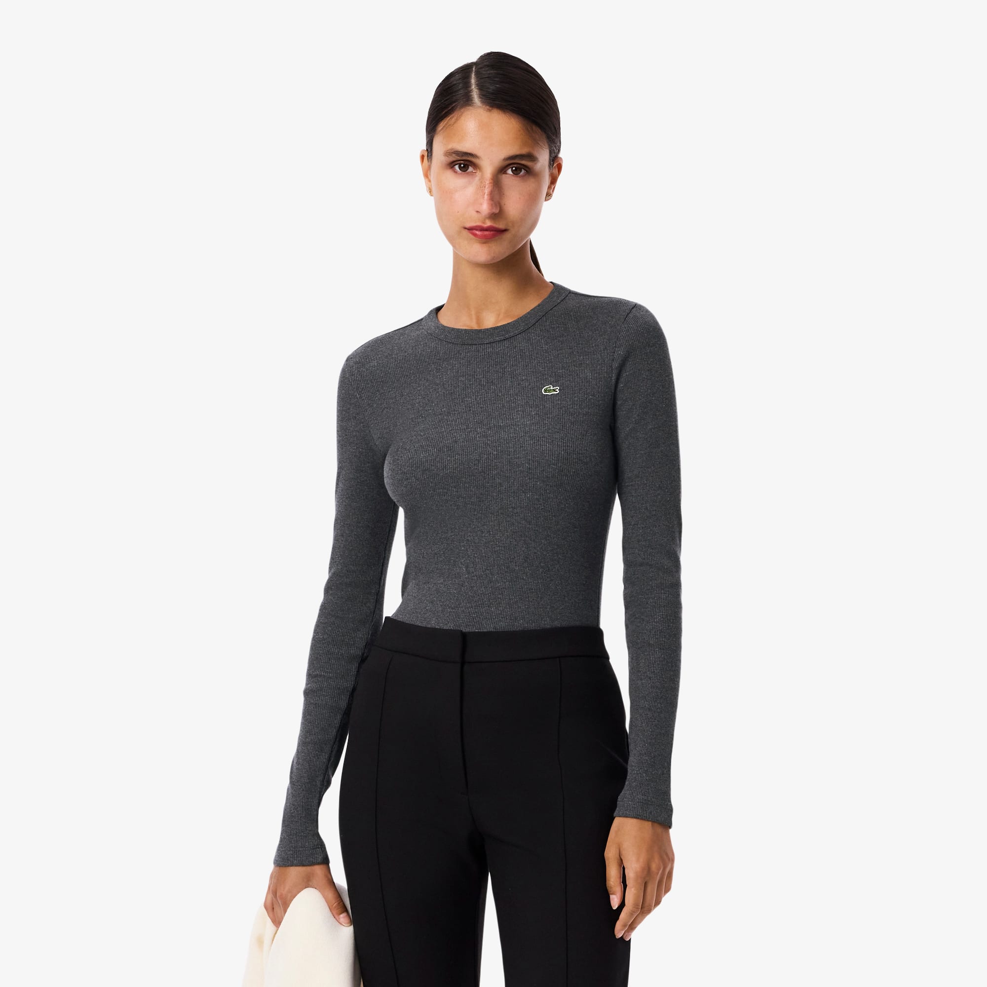 Lacoste Women's Slim Fit Ribbed Cotton T-shirt - 34 In Gray