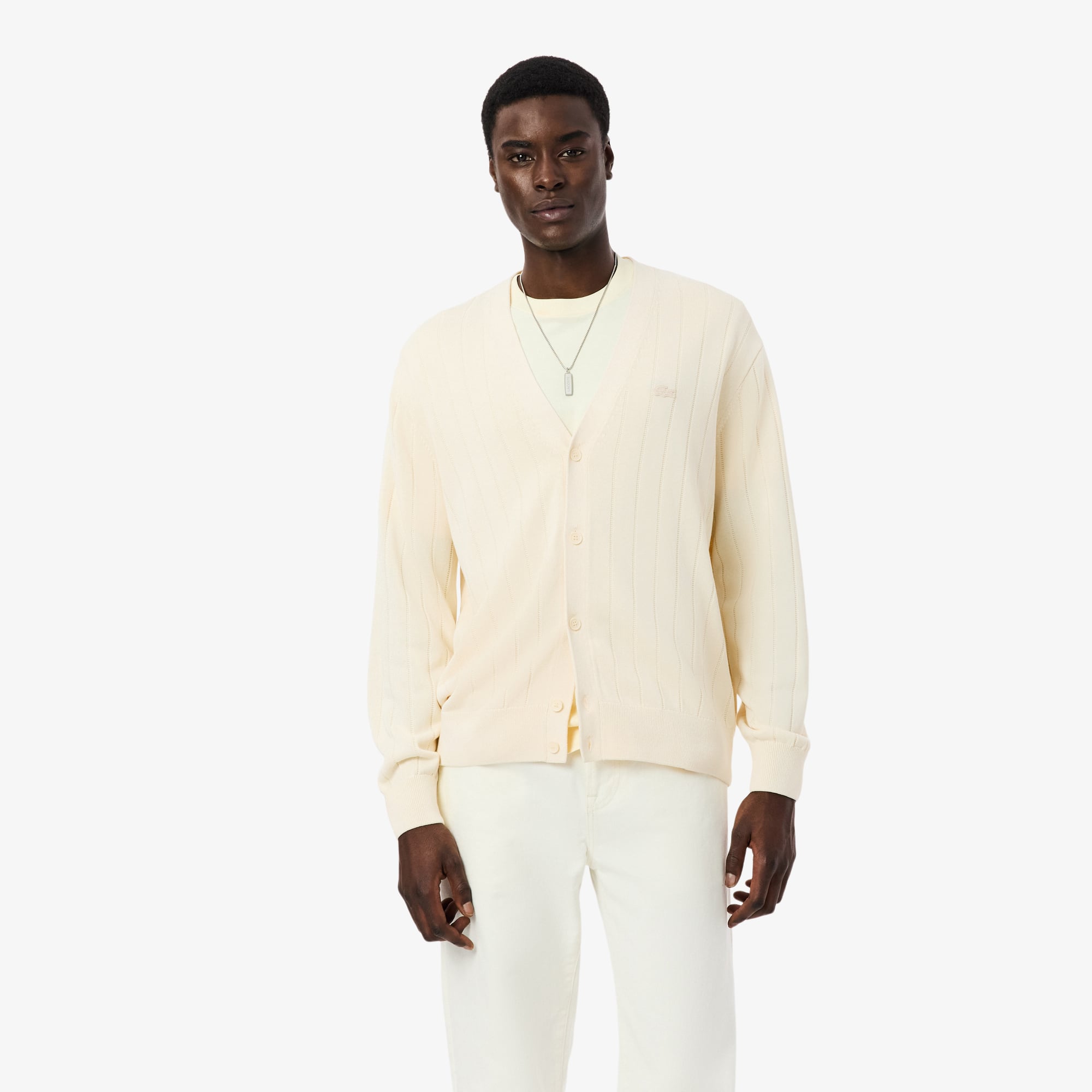 Lacoste Rib Knit Cotton Blend Cardigan - Xxl In White