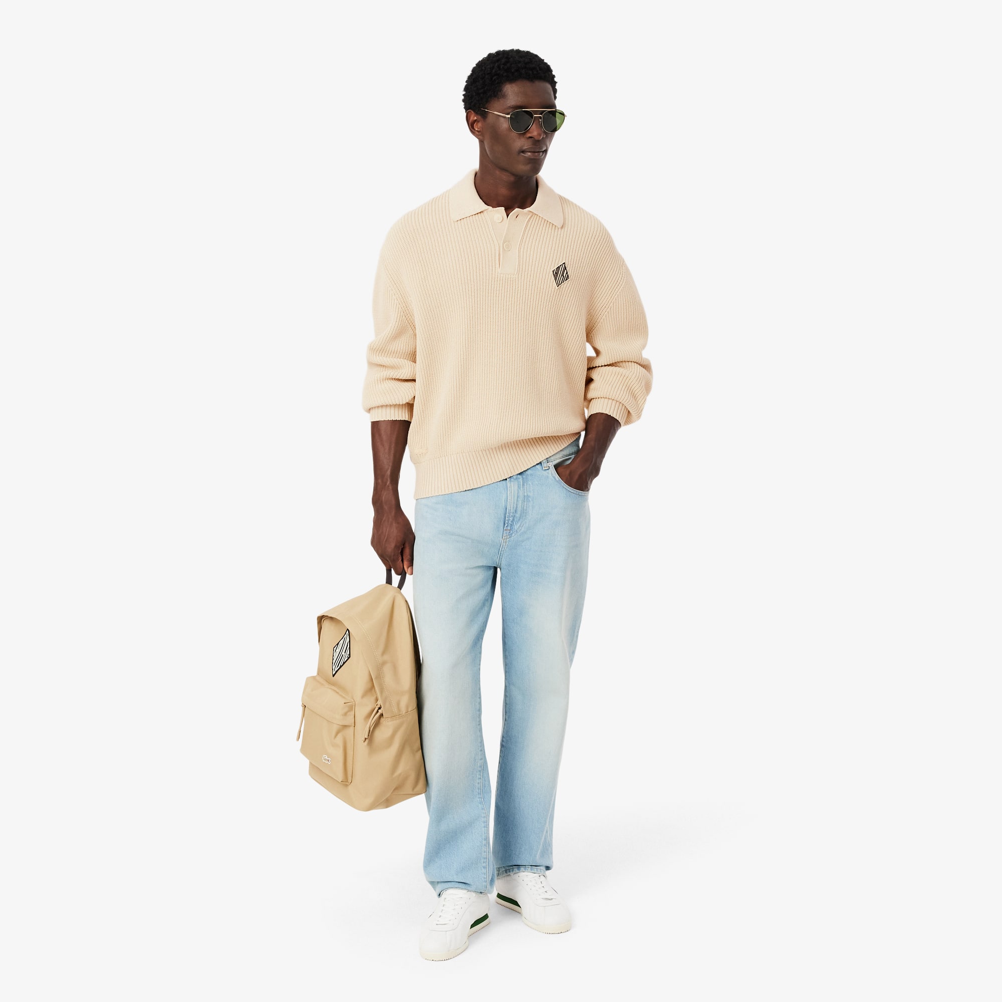 Badge Accent Pearl Rib Polo Collar Sweater - Sweaters