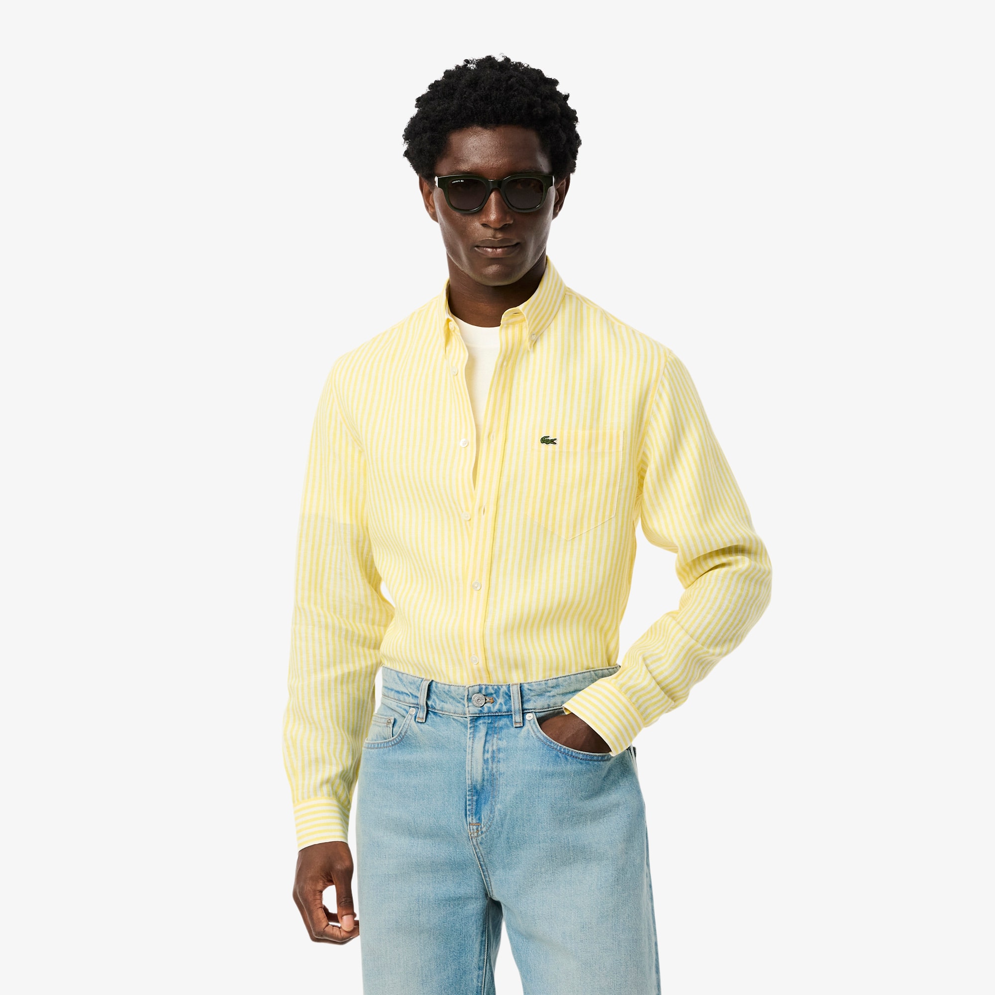 Lacoste Men's Regular Fit Striped Linen Shirt - 15½ - 39 In Yellow