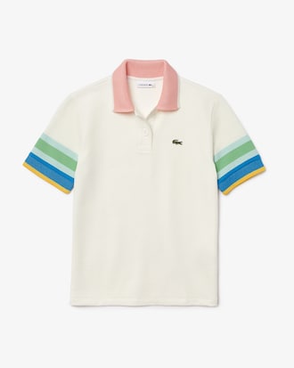 Polo Lacoste en algod&oacute;n texturizado con mangas a rayas para mujer