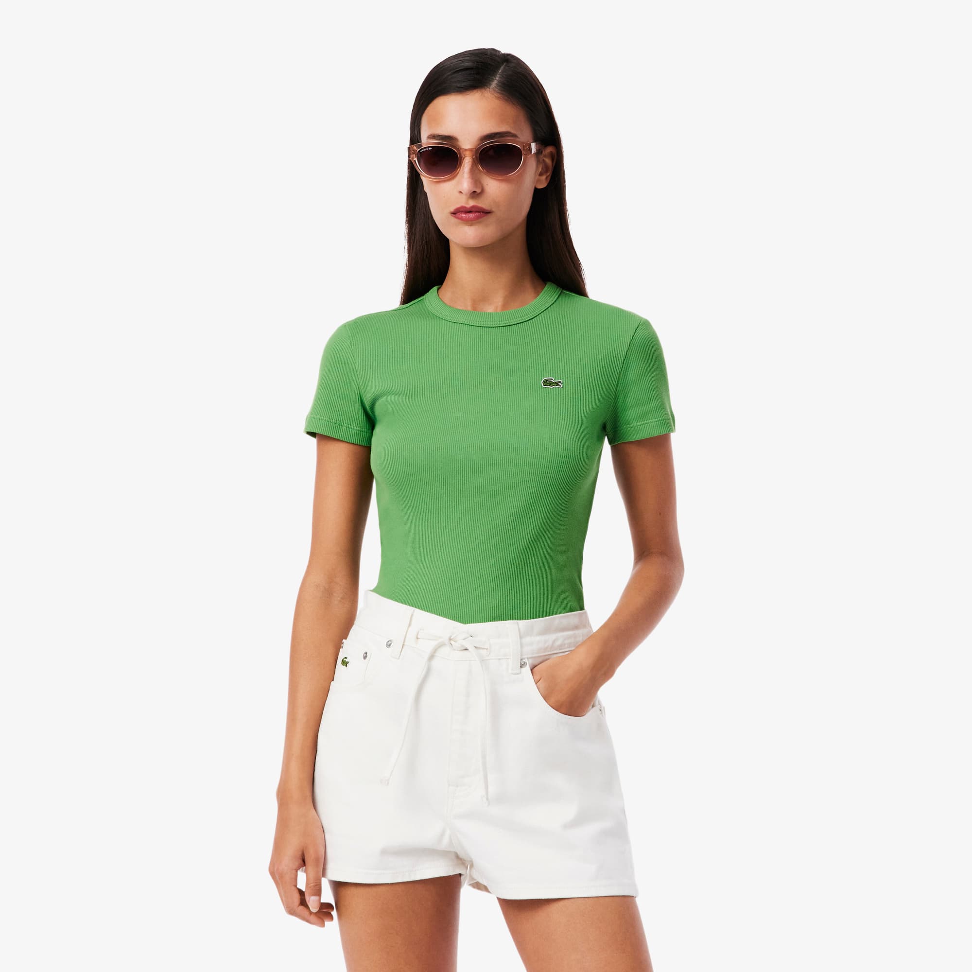 Lacoste Women's Slim Fit Ribbed Cotton T-shirt - 34 In Green