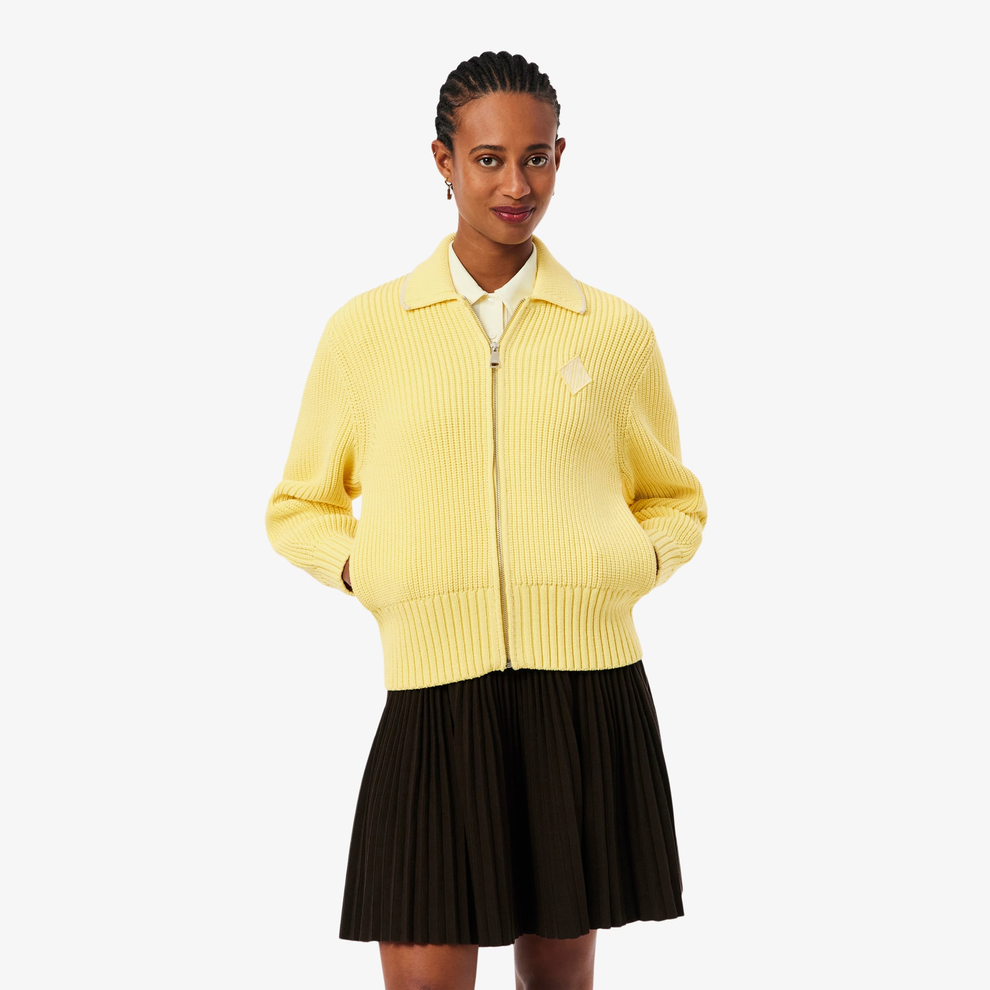 Lacoste Zipped Cotton Badge Accent Sweater - 32 In Yellow