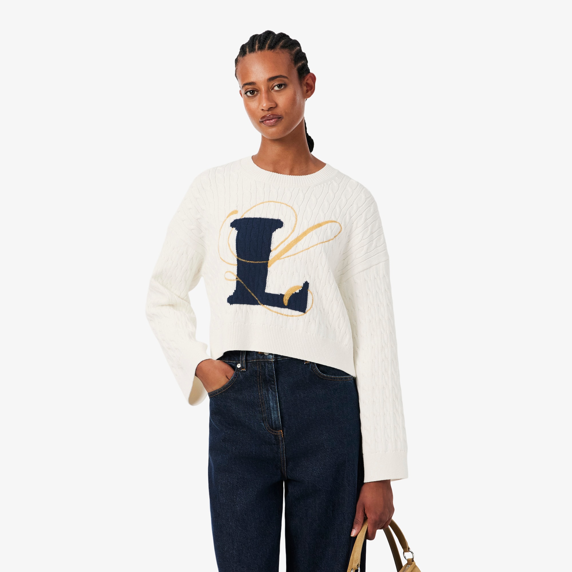 Embroidered Intarsia Cable Knit Sweater - Sweaters & Sweatshirts