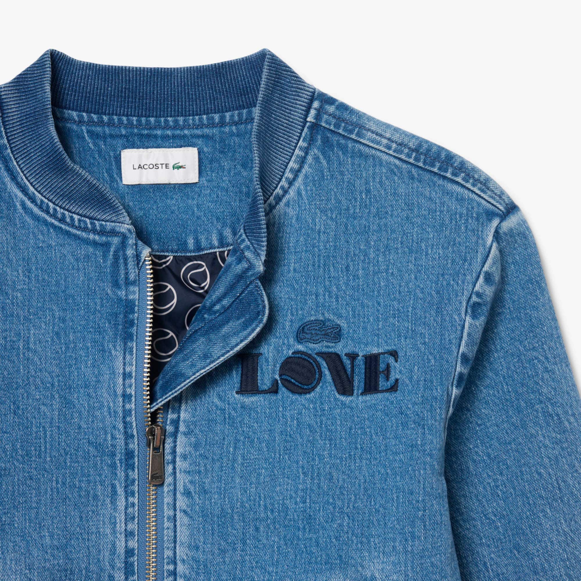 Padded Badge Accent Denim Bomber Jacket