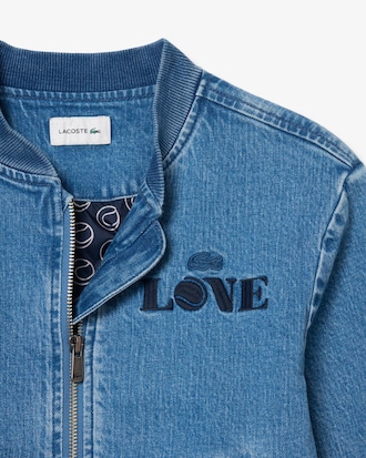 Padded Badge Accent Denim Bomber Jacket