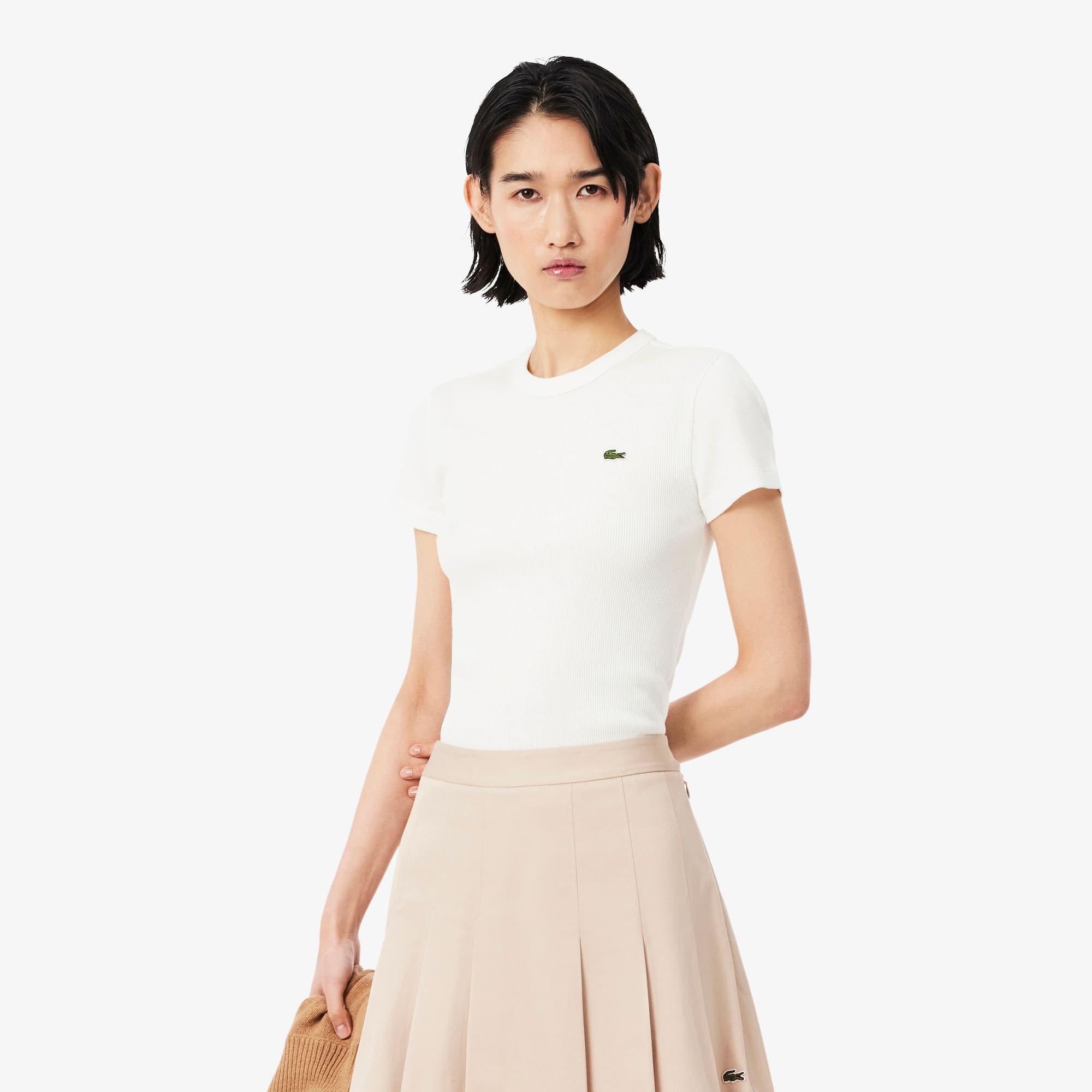Lacoste Playera de Corte Slim de Algodón Acanalado para Mujer Blanco