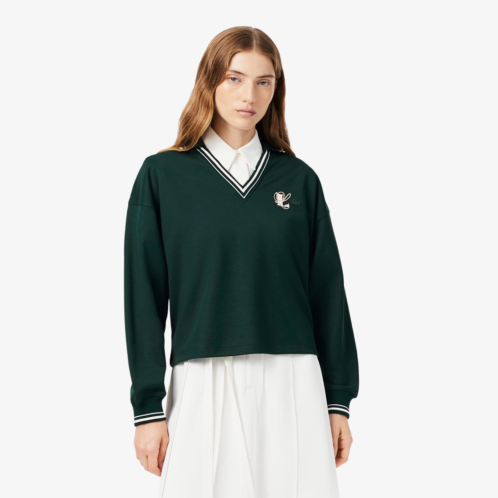 Lacoste Oversized Embroidery Accent Polo Collar Sweatshirt - S (36) In Green