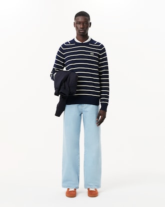 Men's Striped 3D Knit Cotton Crew Neck Sweater 