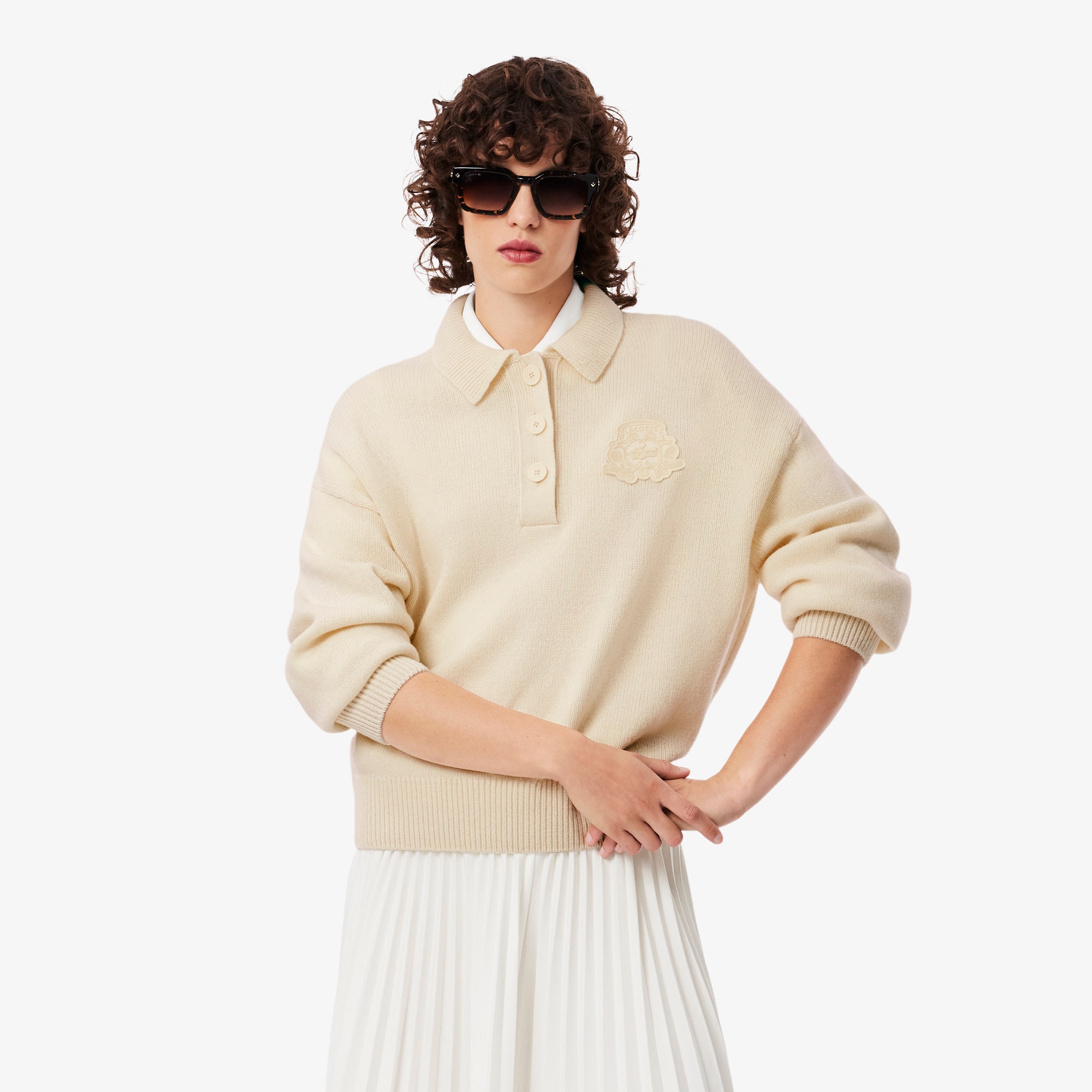 Lacoste Suéter de Cuello Polo de Lana Beige