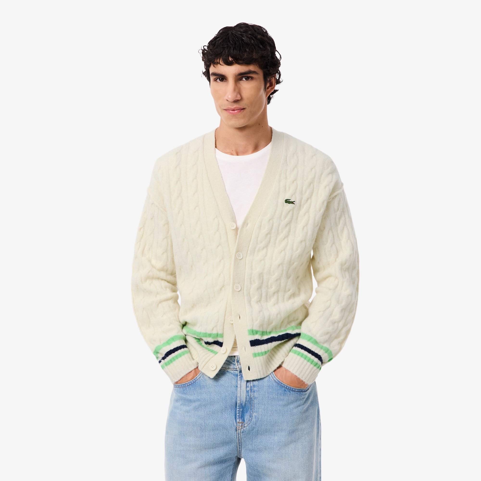 Lacoste Men's Cable Knit Wool Cardigan - M - 4 In Neutral
