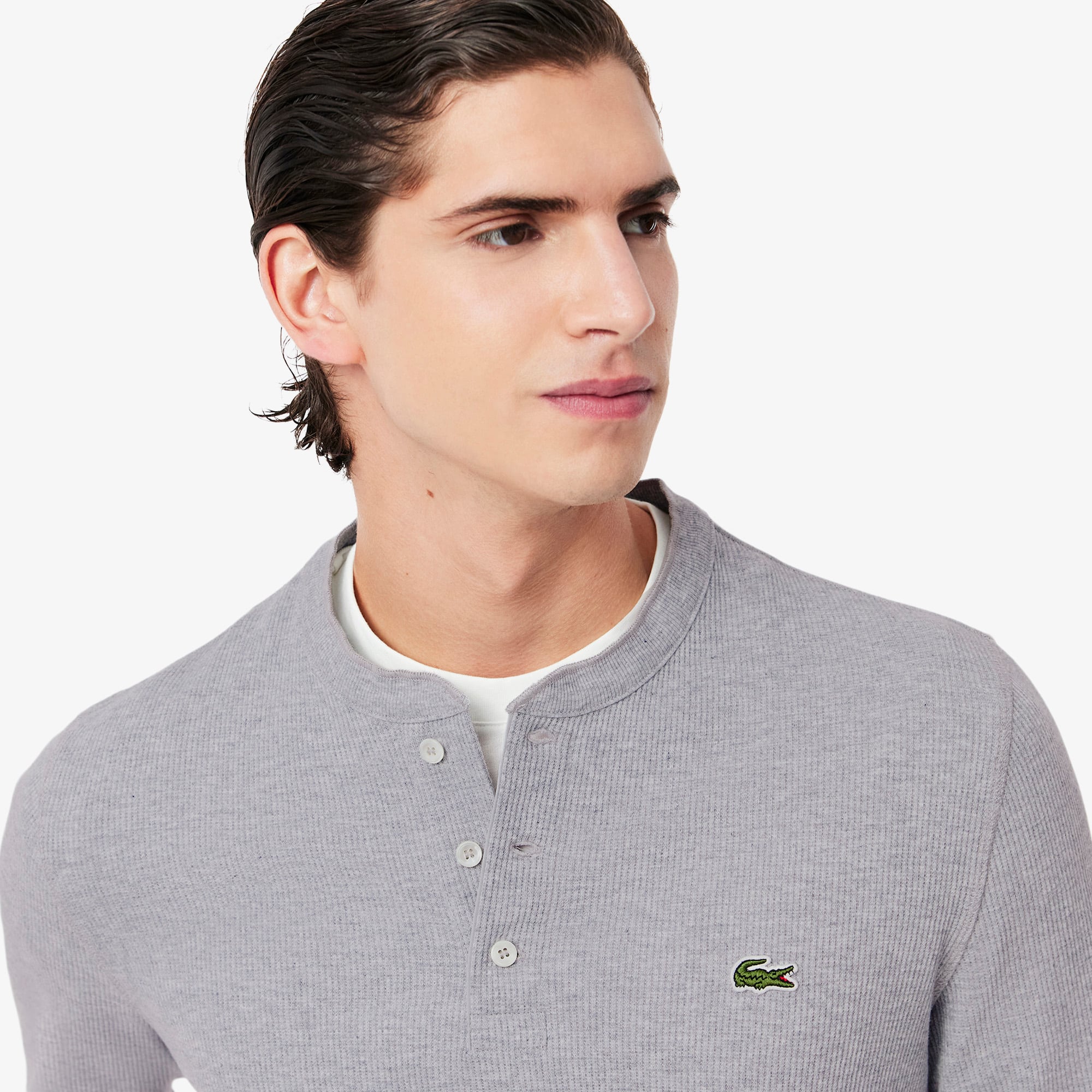 ■LACOSTE■ Men's Waffle Henley Long Sleeve T-Shirt Melange Lacoste Men's Long-Sleeve Henley T-Shirt - Macy's