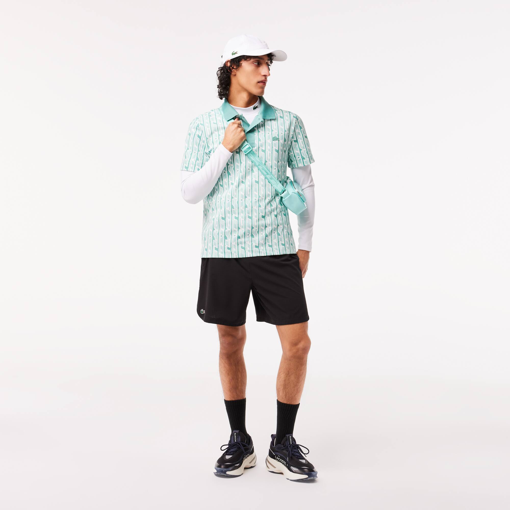 【関税&送料込】Lacoste Two-Tone Polyester T-Shirt Lacoste Men's Branded Monogram Crocodile Print T-Shirt Grey