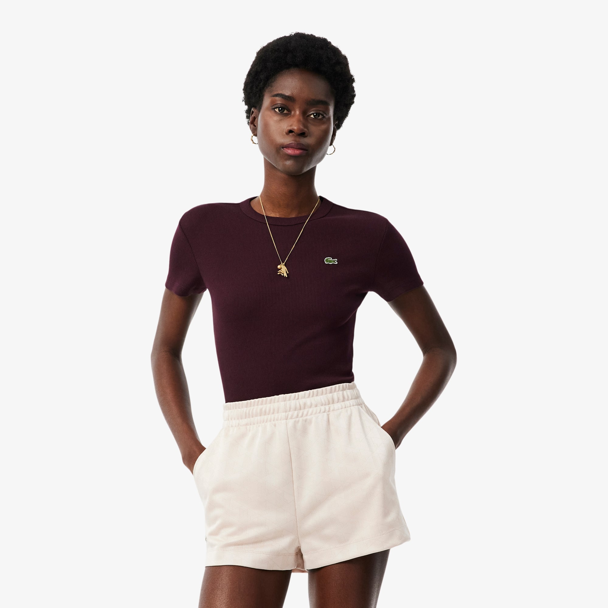 Lacoste Women's Slim Fit Ribbed Cotton T-shirt - L (40) In Animal Print