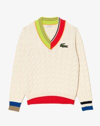 Women&rsquo;s Lacoste Cable Knit Colour Twist V-neck Sweater