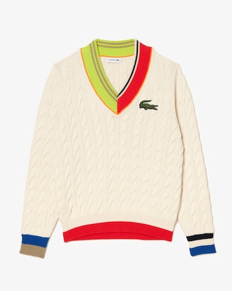 Pull torsad&eacute; col V femme Lacoste avec d&eacute;tails color&eacute;s