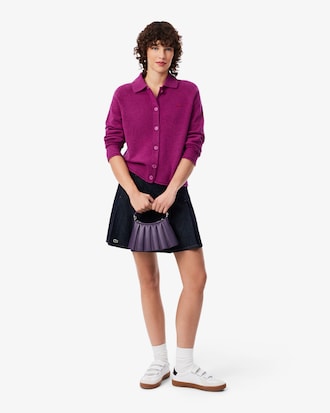 Carded Wool 3D Knit Polo Collar Cardigan