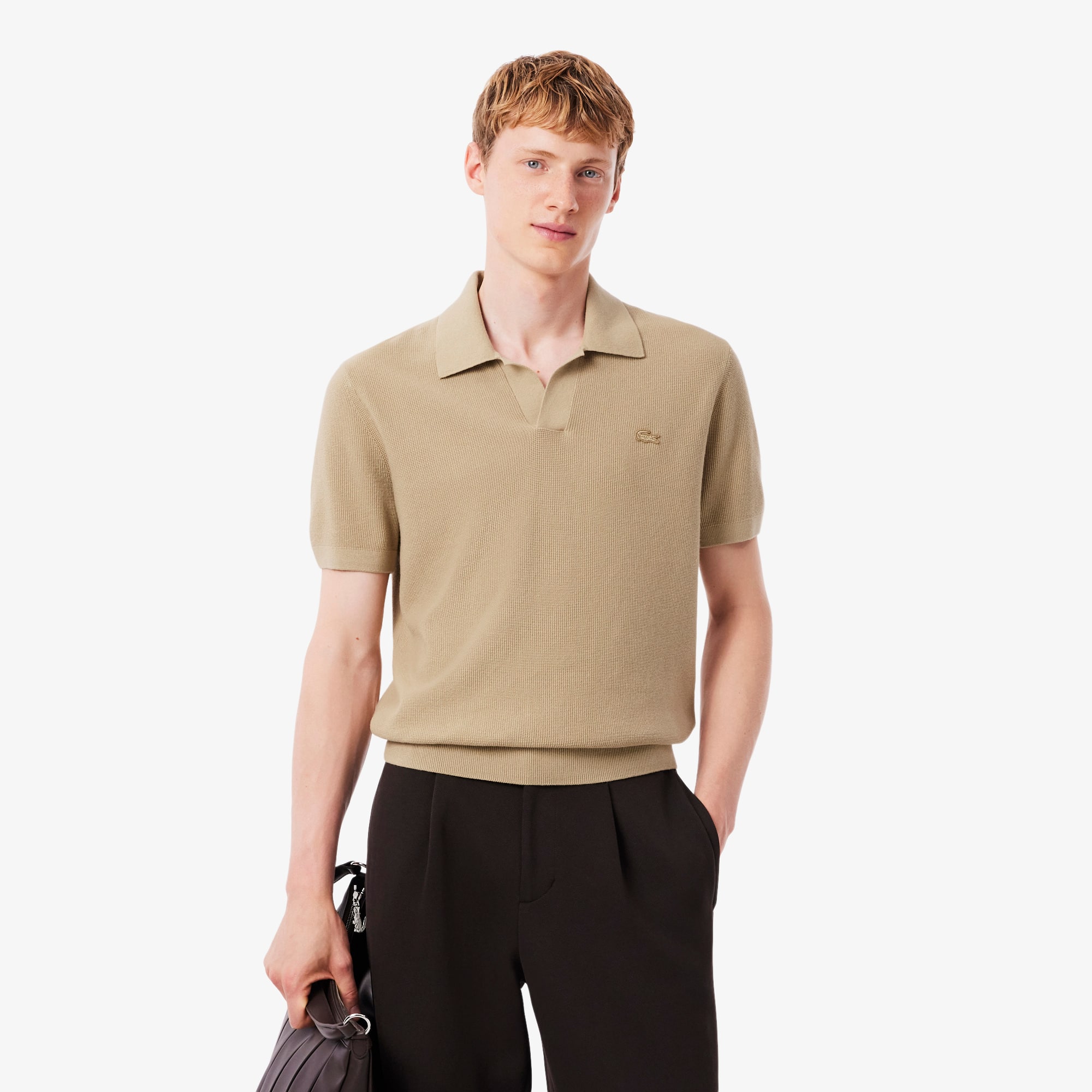 Lacoste Men's Cotton Blend Open Polo Collar Sweater - S - 3 In Nude